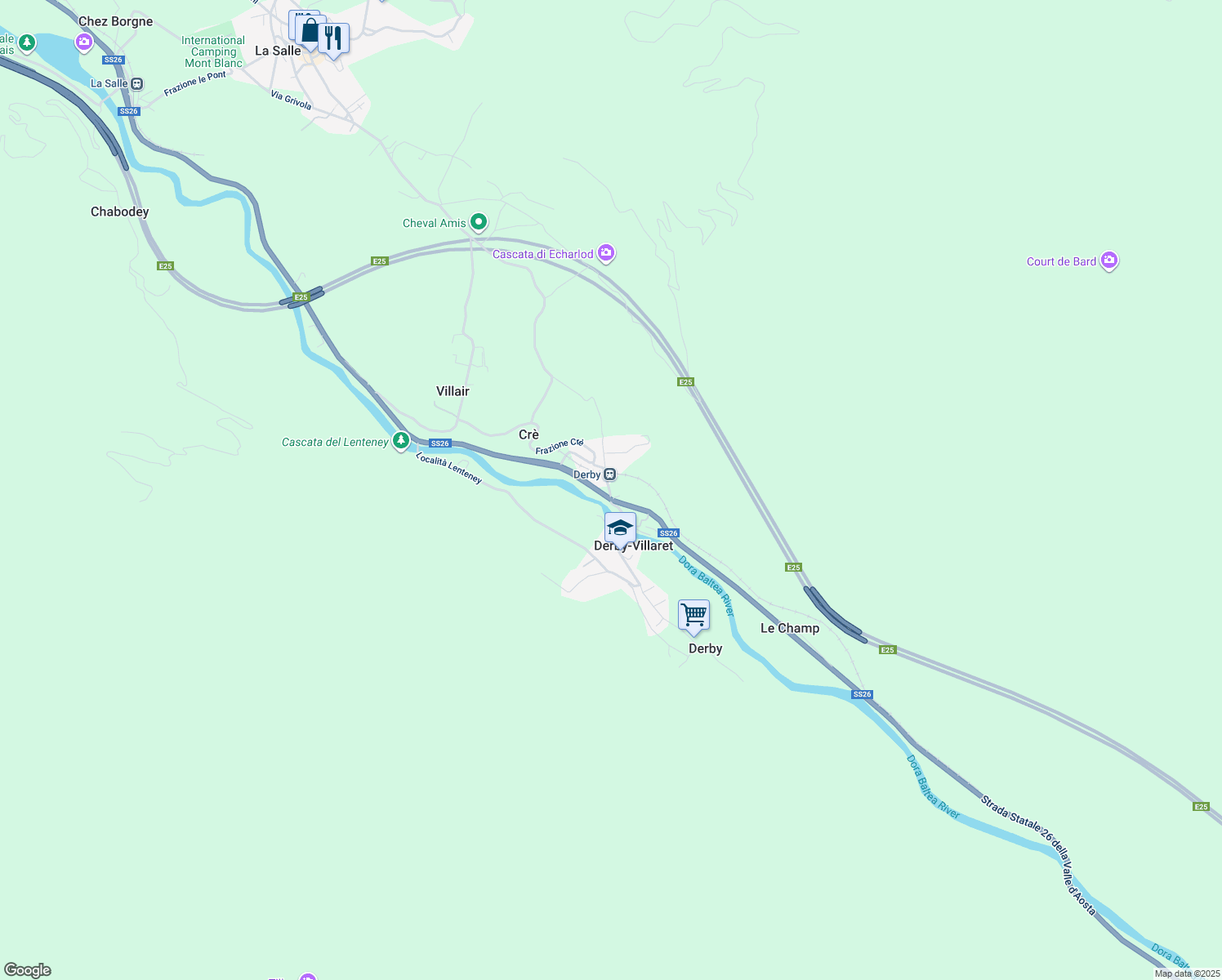 map of restaurants, bars, coffee shops, grocery stores, and more near 23 Frazione Villaret in Derby-villaret