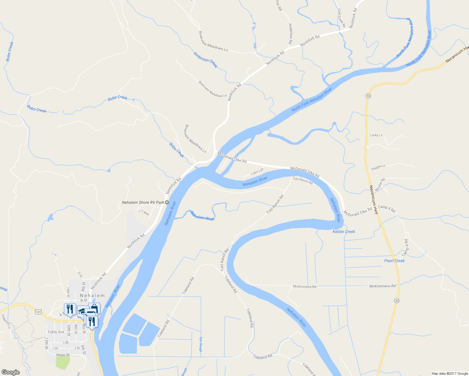 map of restaurants, bars, coffee shops, grocery stores, and more near 37000 Tohl Ranch Road in Nehalem