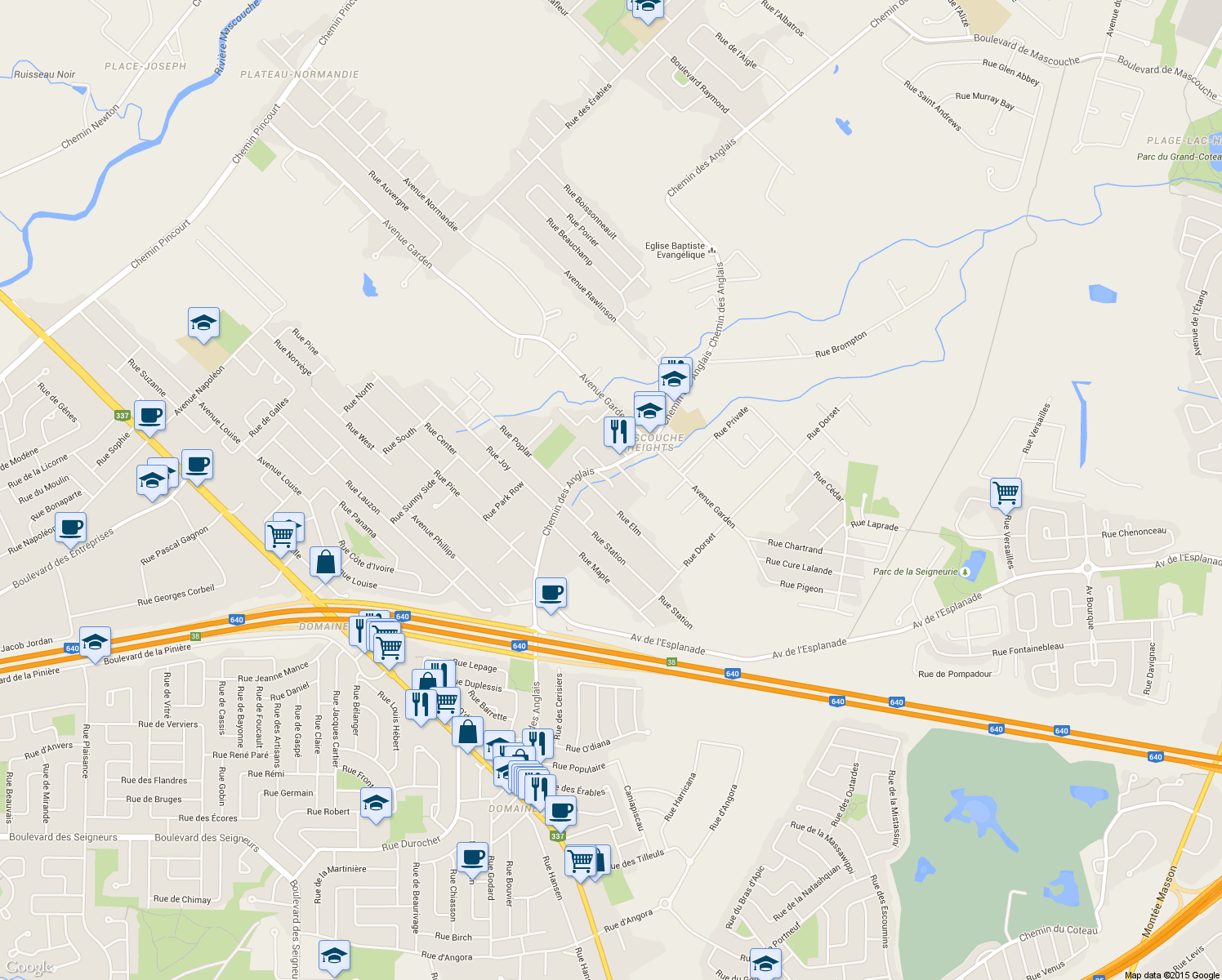 map of restaurants, bars, coffee shops, grocery stores, and more near 1712 Rue Thacker in Mascouche