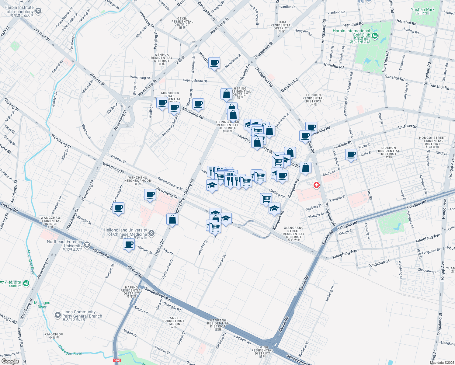 map of restaurants, bars, coffee shops, grocery stores, and more near in Harbin