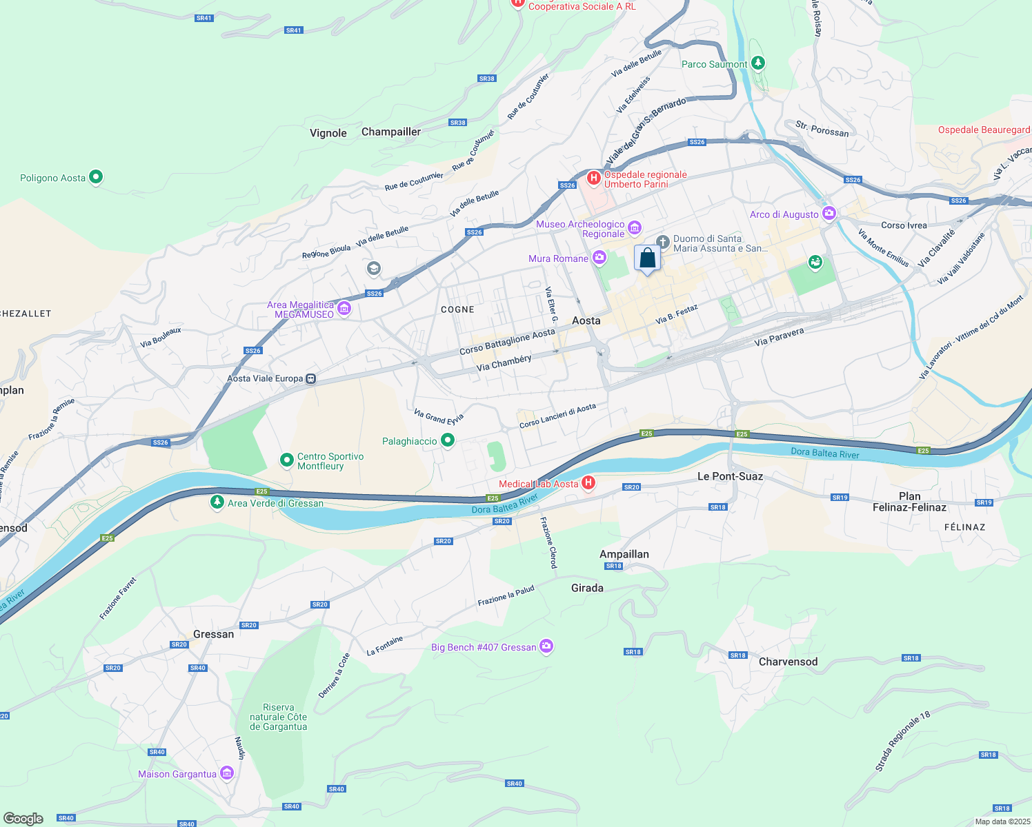 map of restaurants, bars, coffee shops, grocery stores, and more near 47 Via Grand Eyvia in Aosta