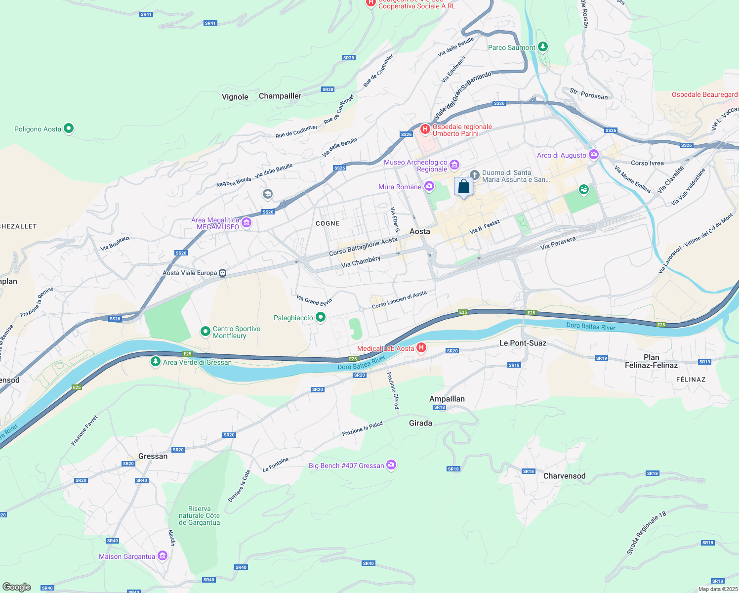 map of restaurants, bars, coffee shops, grocery stores, and more near 47 Via Grand Eyvia in Aosta