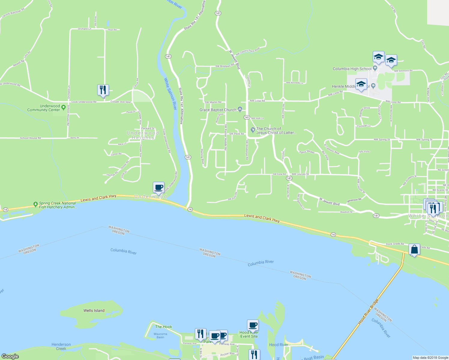 map of restaurants, bars, coffee shops, grocery stores, and more near 1170 Panorama Point Road in White Salmon
