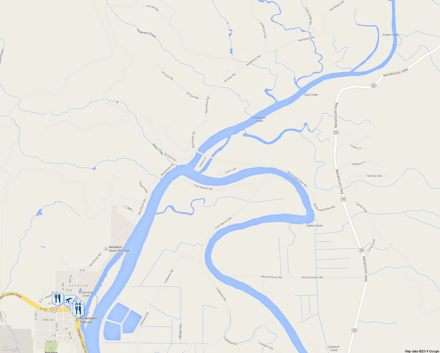 map of restaurants, bars, coffee shops, grocery stores, and more near 15515 Liars Lair in Nehalem