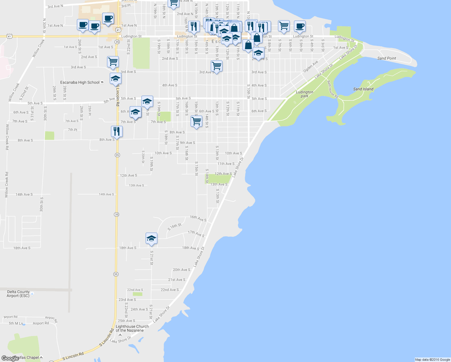 map of restaurants, bars, coffee shops, grocery stores, and more near 1224 12th Avenue South in Escanaba