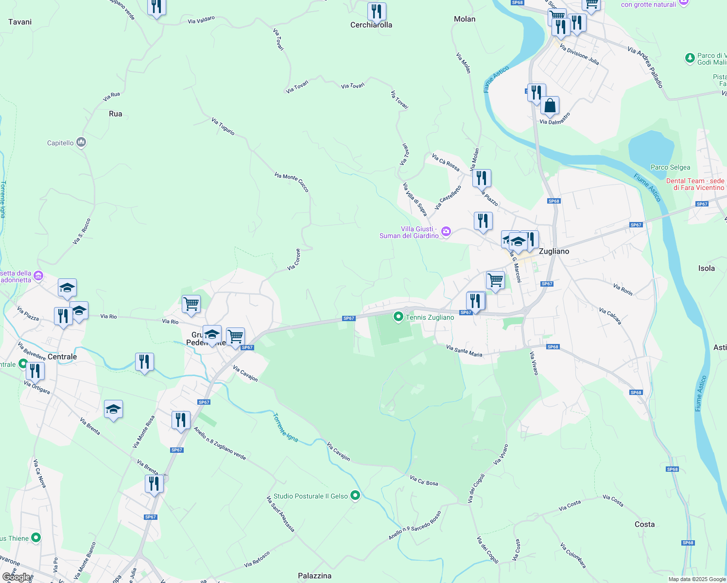 map of restaurants, bars, coffee shops, grocery stores, and more near 31 Via Maso in Provincia di Vicenza