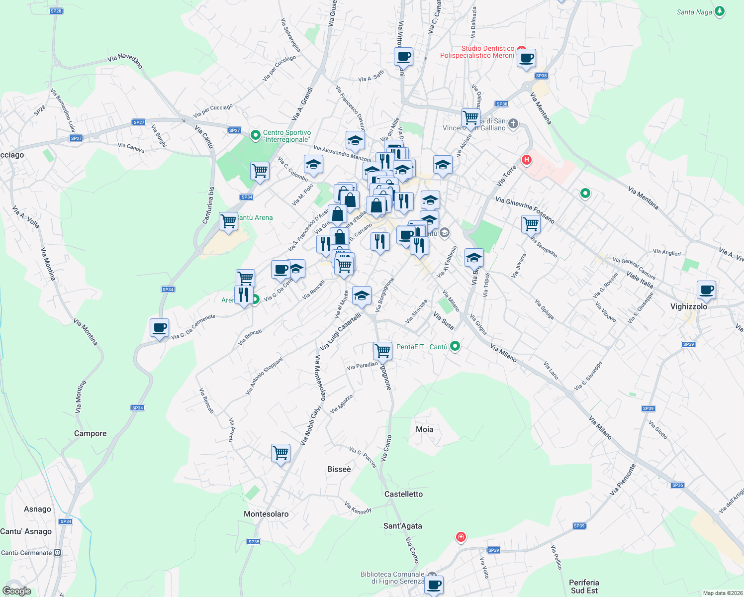 map of restaurants, bars, coffee shops, grocery stores, and more near 36 Via Angelo Longoni in Cantù