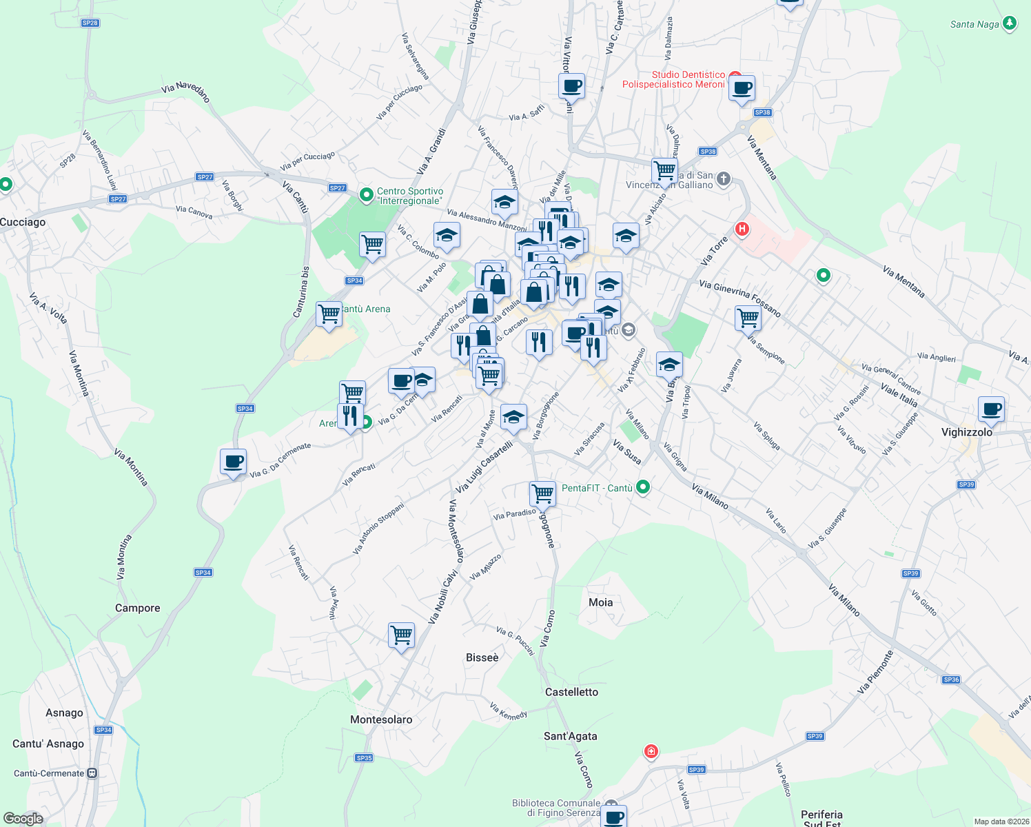 map of restaurants, bars, coffee shops, grocery stores, and more near 36 Via Angelo Longoni in Cantù