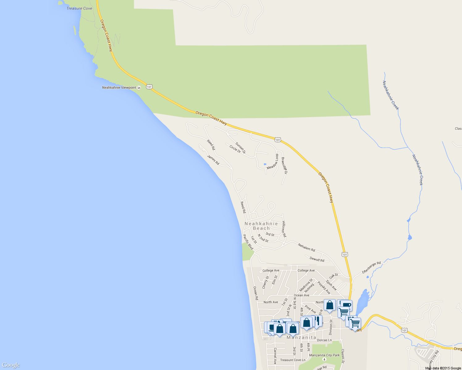 map of restaurants, bars, coffee shops, grocery stores, and more near 38070 Beulah Reed Road in Nehalem