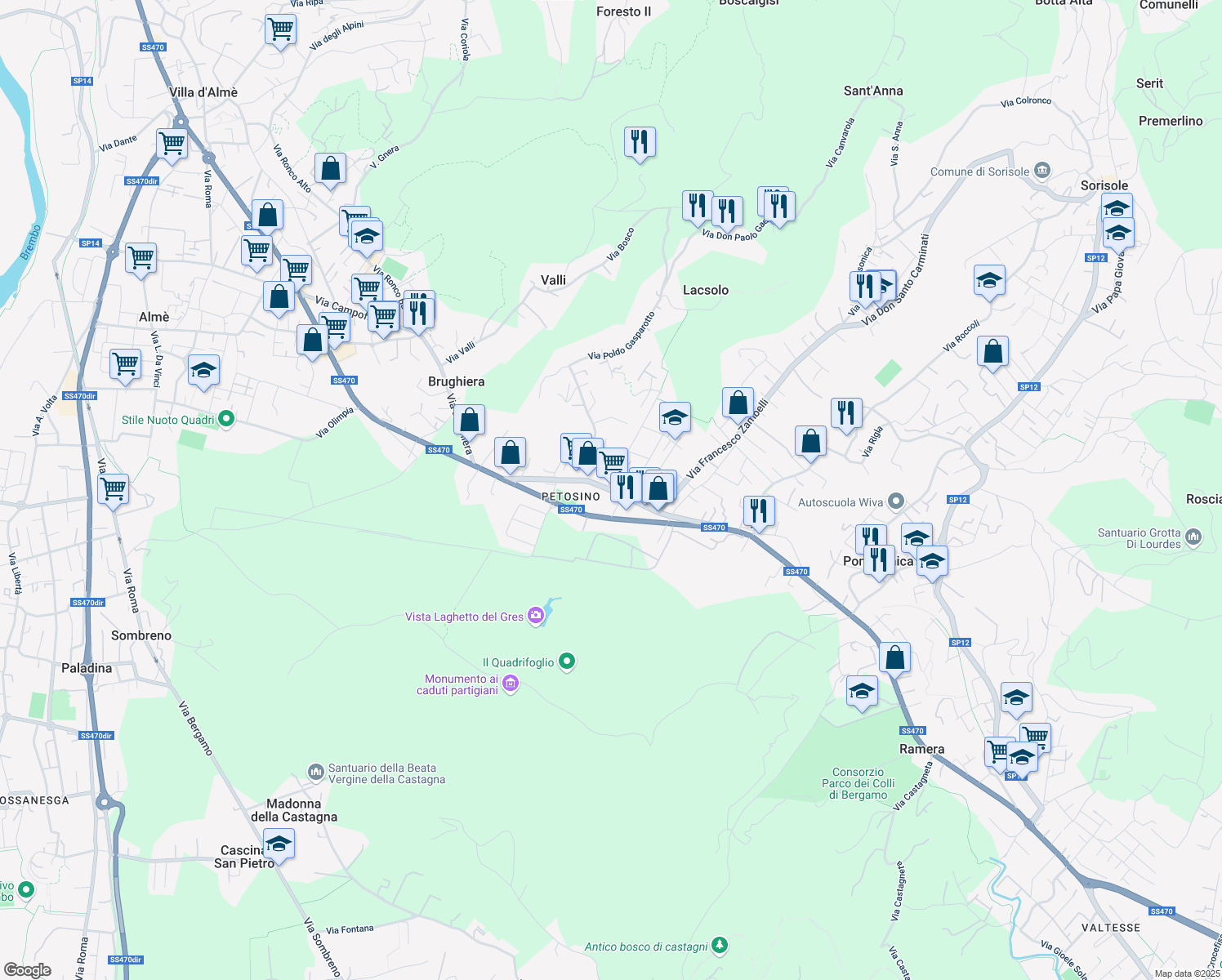 map of restaurants, bars, coffee shops, grocery stores, and more near Strada Provinciale 12 in Sorisole