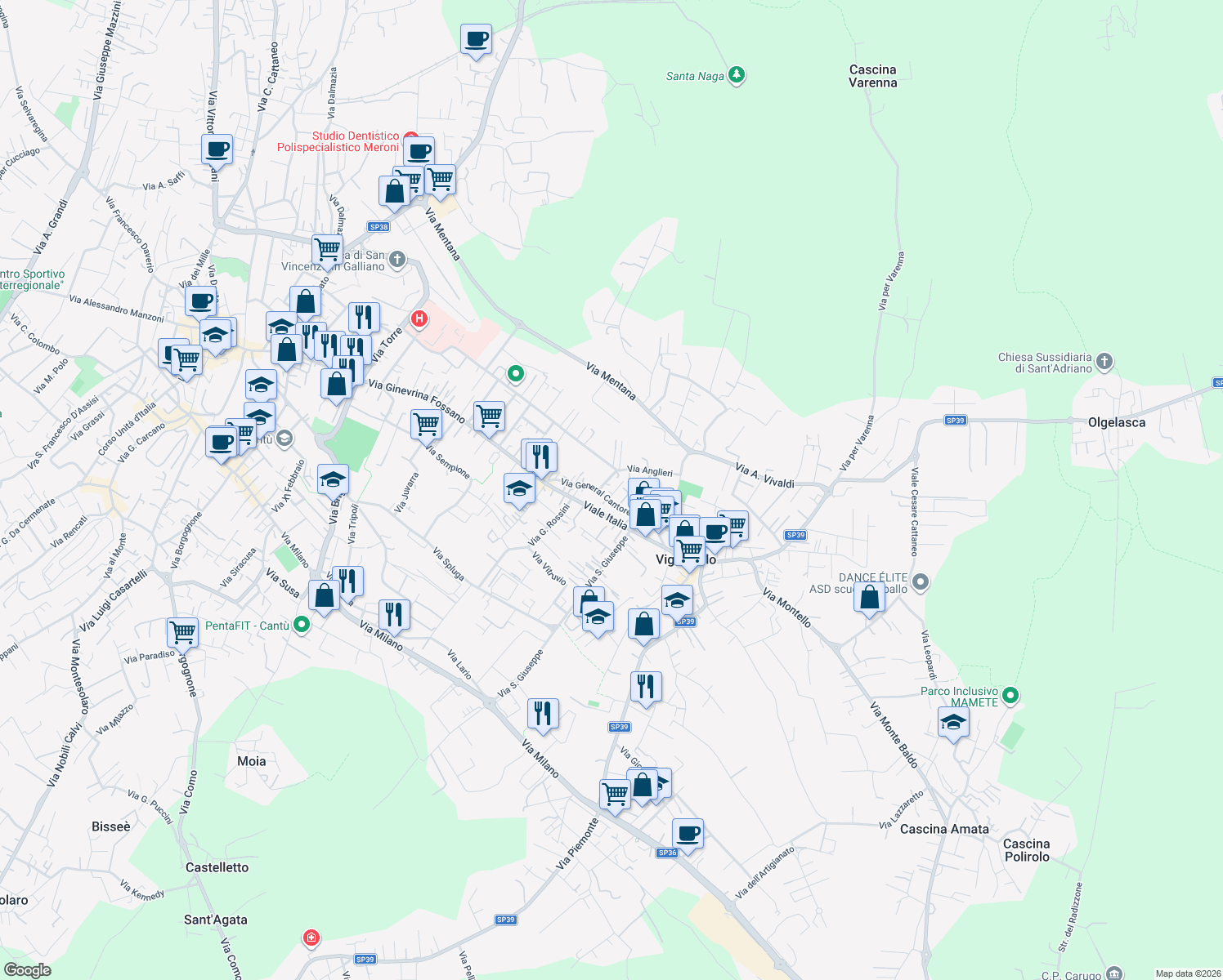 map of restaurants, bars, coffee shops, grocery stores, and more near 20 Via General Cantore in Cantù