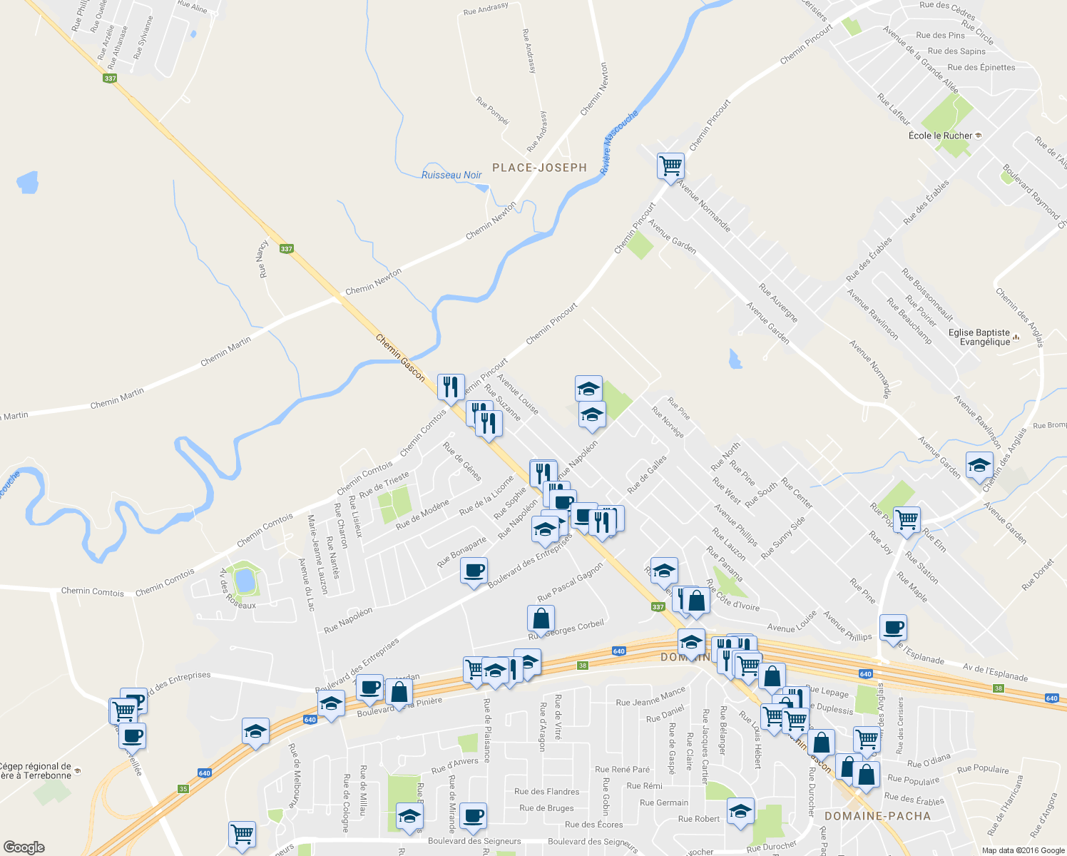 map of restaurants, bars, coffee shops, grocery stores, and more near 1147 Rue Suzanne in Mascouche