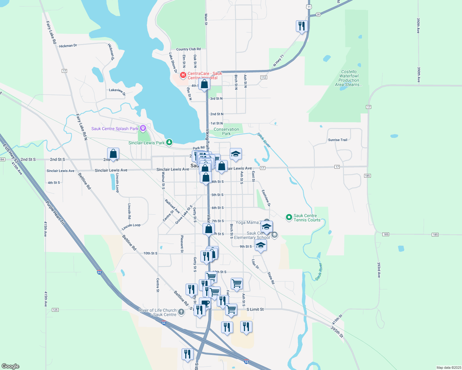 map of restaurants, bars, coffee shops, grocery stores, and more near 427 Birch St S in Sauk Centre