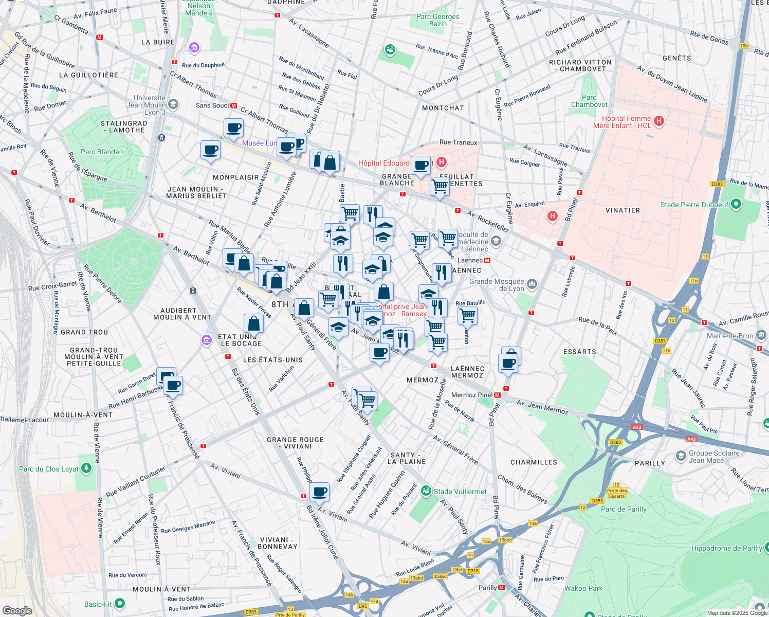map of restaurants, bars, coffee shops, grocery stores, and more near 16 Rue Jean Desparmet in Lyon