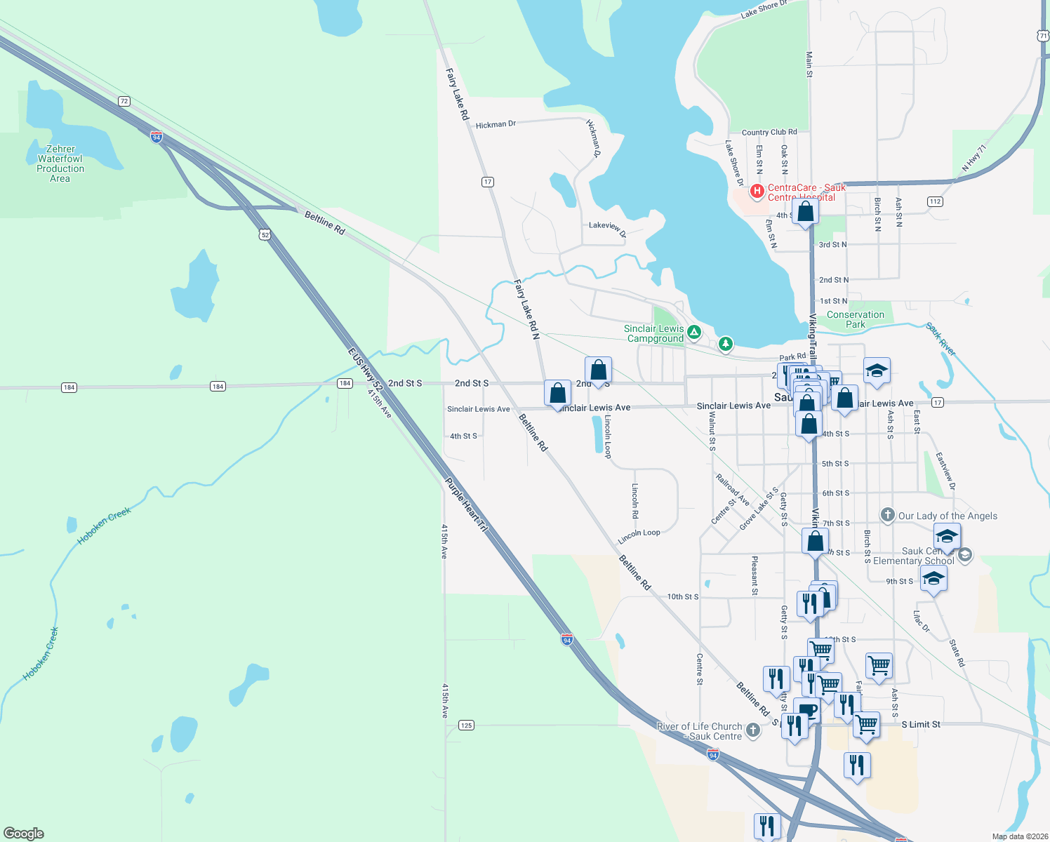 map of restaurants, bars, coffee shops, grocery stores, and more near 1956 Beltline Road in Sauk Centre