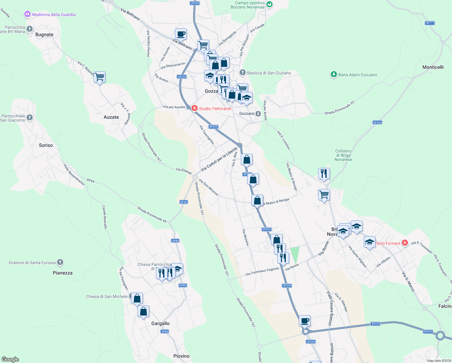 map of restaurants, bars, coffee shops, grocery stores, and more near 39 Via San Rita in Gozzano