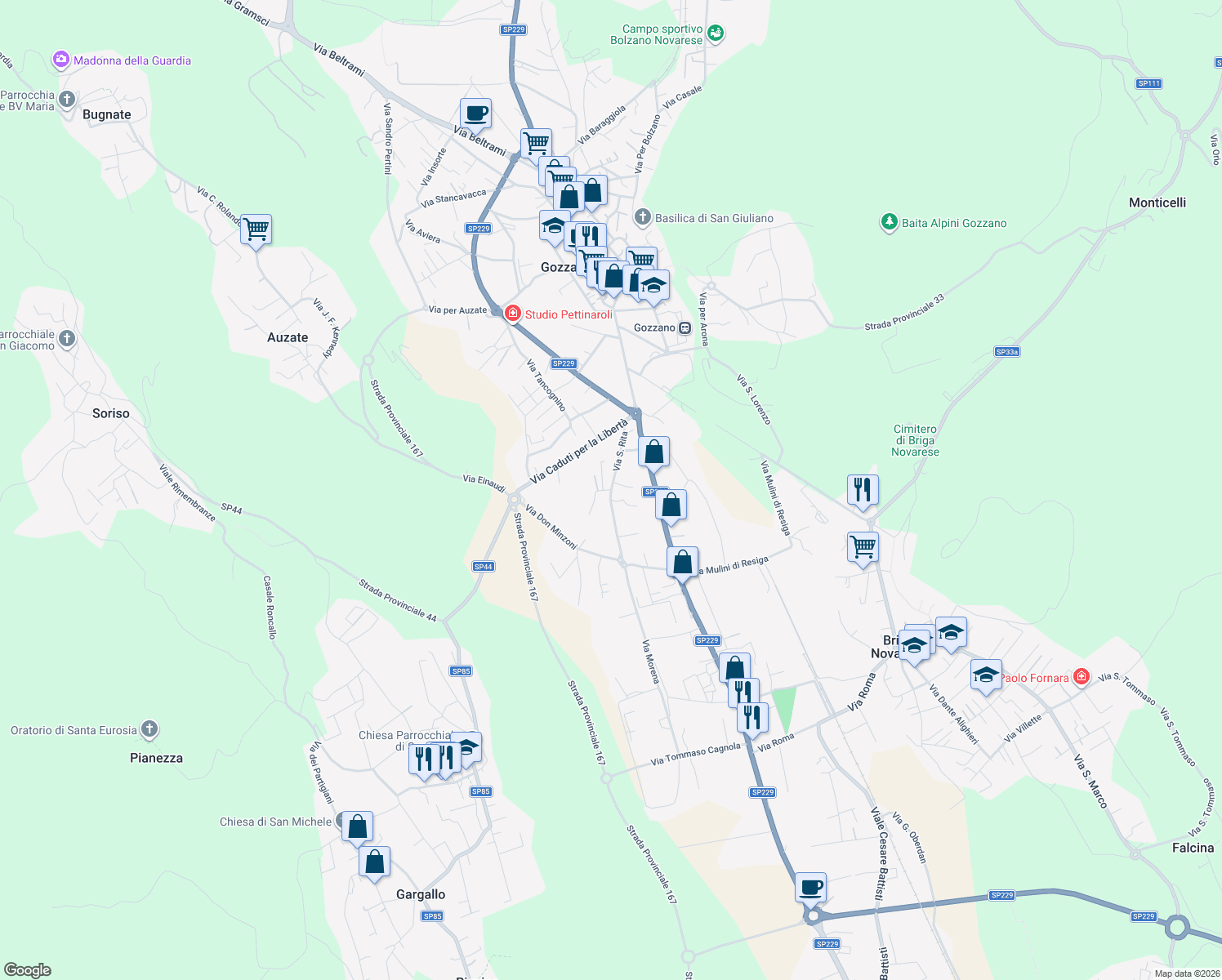 map of restaurants, bars, coffee shops, grocery stores, and more near 39 Via San Rita in Gozzano