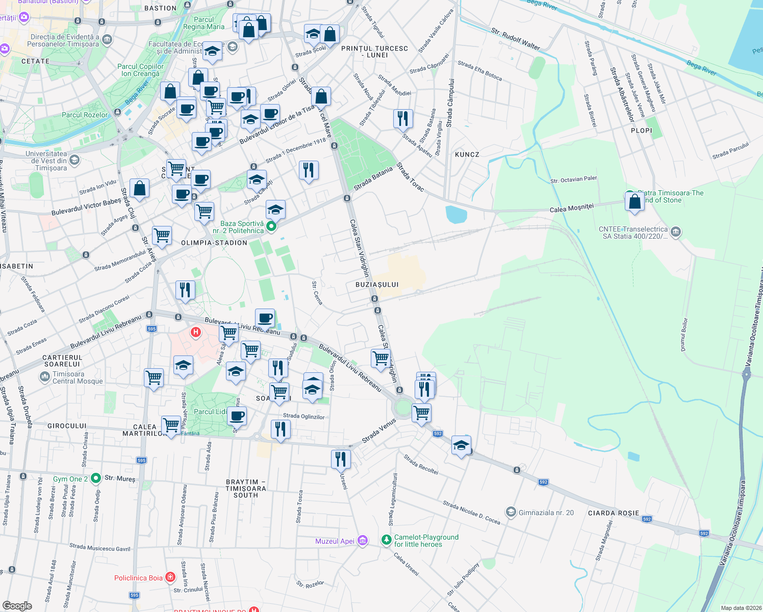 map of restaurants, bars, coffee shops, grocery stores, and more near 5 Calea Stan Vidrighin in Timișoara