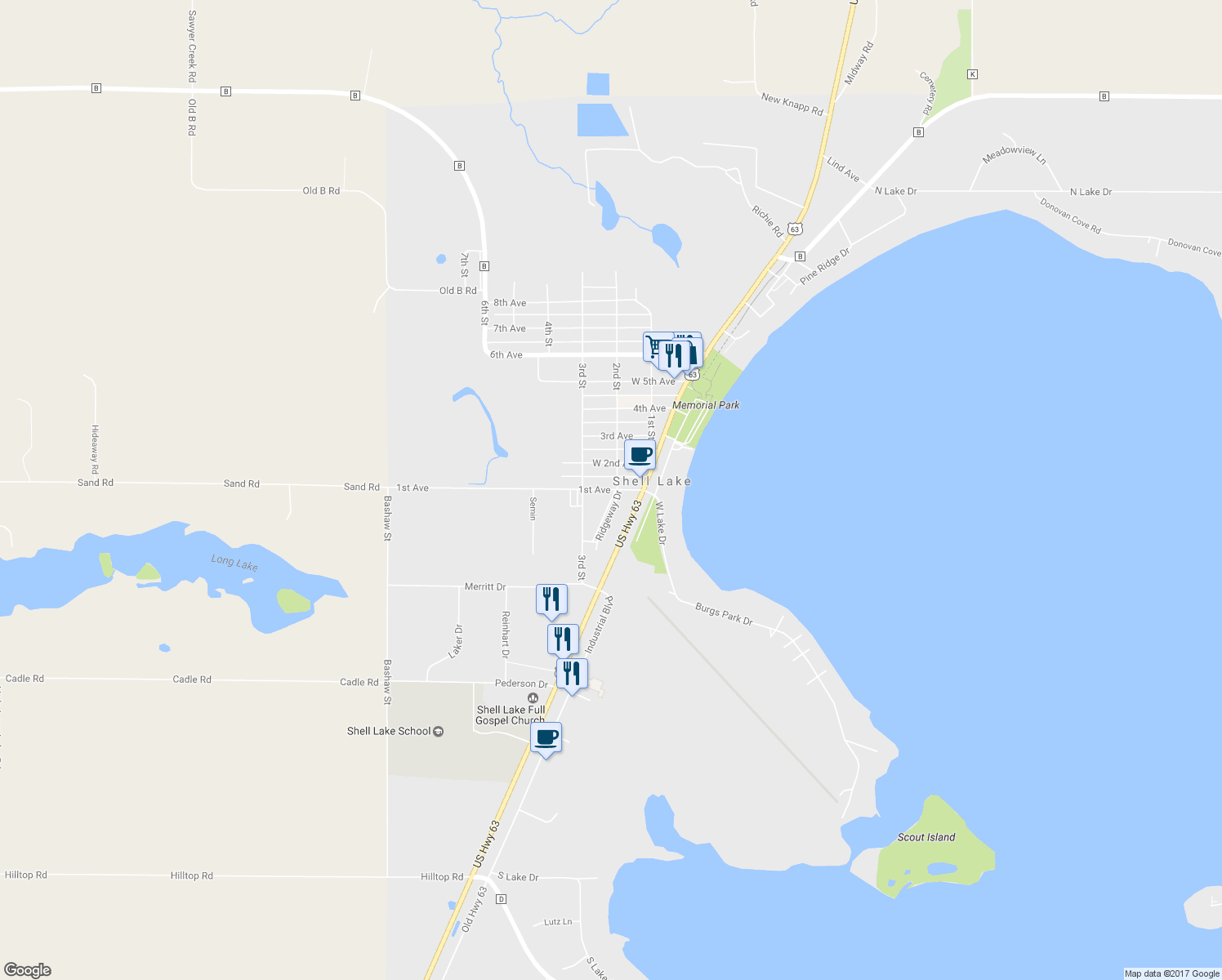 map of restaurants, bars, coffee shops, grocery stores, and more near 221 1st Avenue in Shell Lake