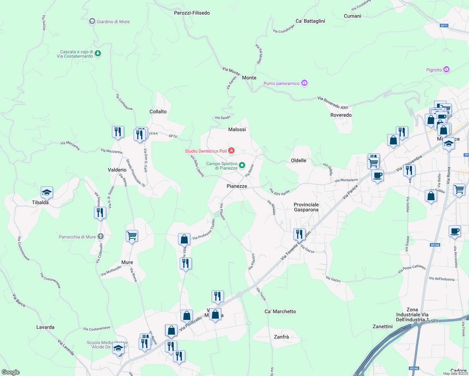 map of restaurants, bars, coffee shops, grocery stores, and more near 2 Via Roma in Pianezze