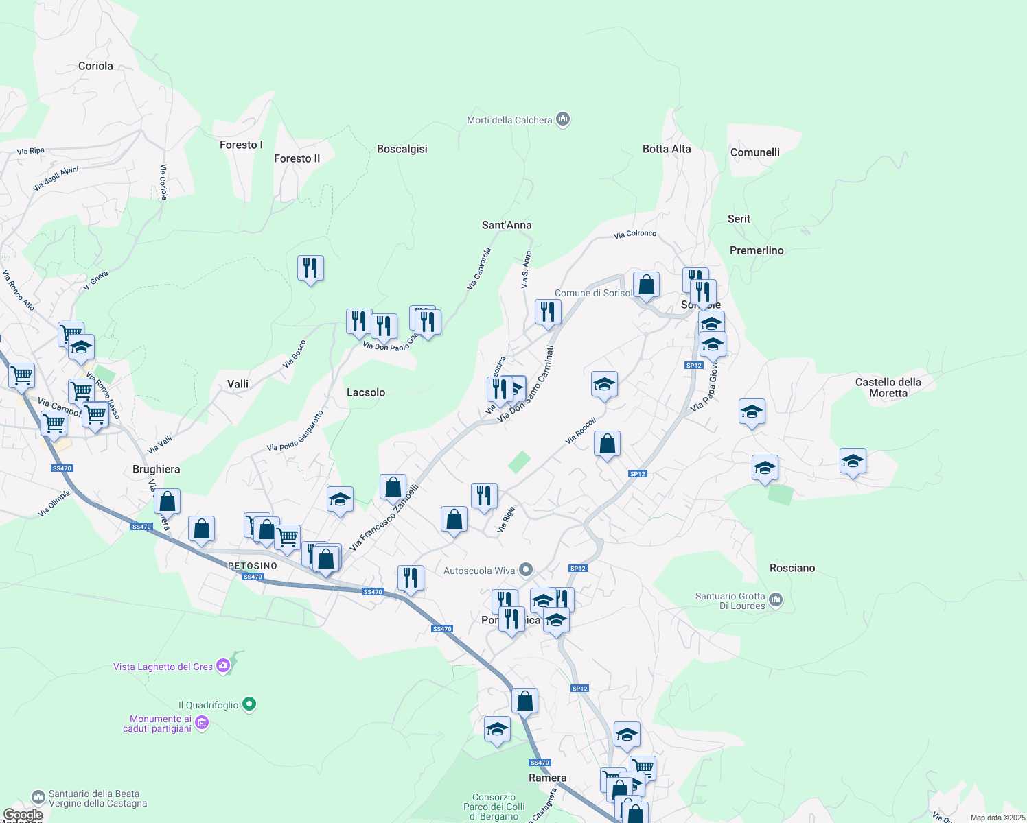 map of restaurants, bars, coffee shops, grocery stores, and more near Strada Provinciale 12 in Sorisole