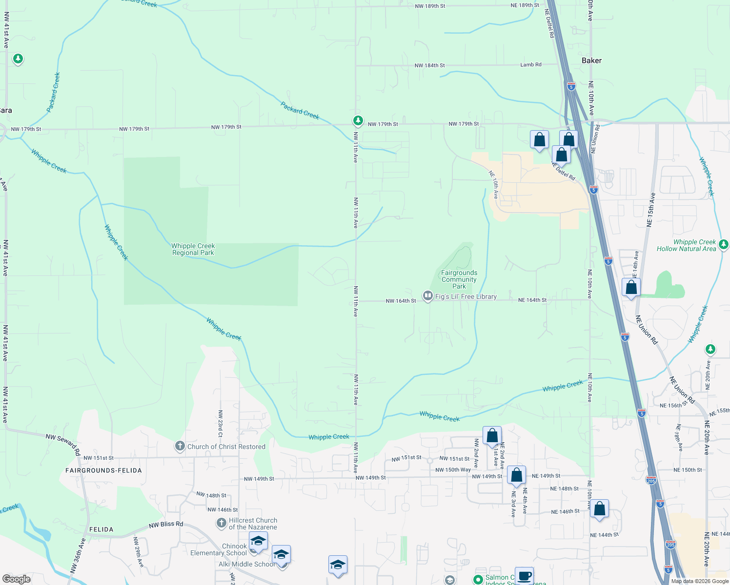map of restaurants, bars, coffee shops, grocery stores, and more near 16417 Northwest 11th Avenue in Ridgefield
