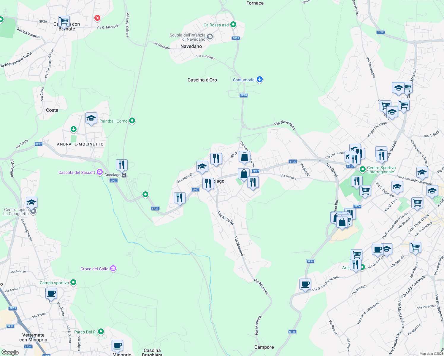 map of restaurants, bars, coffee shops, grocery stores, and more near in Cucciago