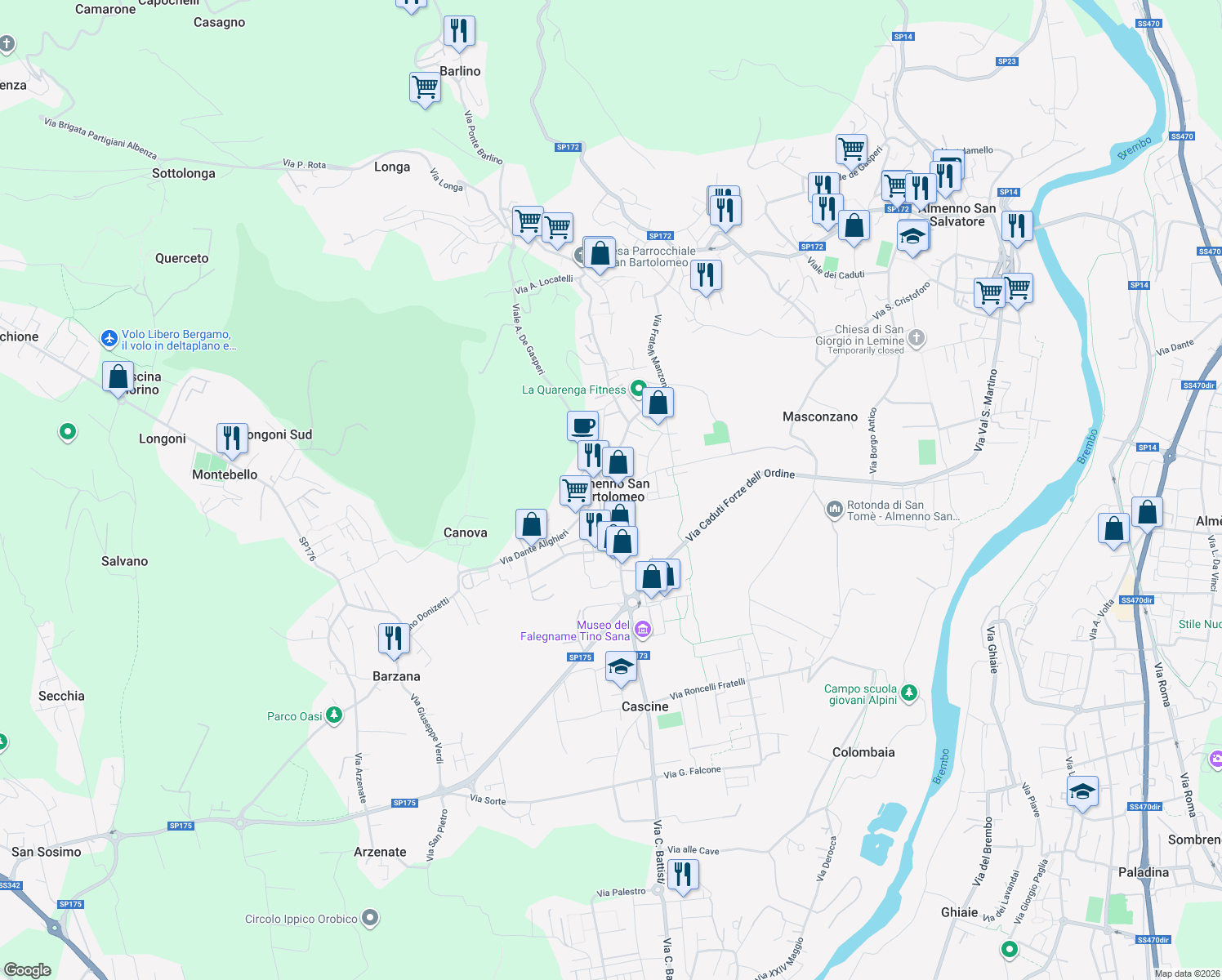 map of restaurants, bars, coffee shops, grocery stores, and more near 5 Via Dante Alighieri in Almenno San Bartolomeo