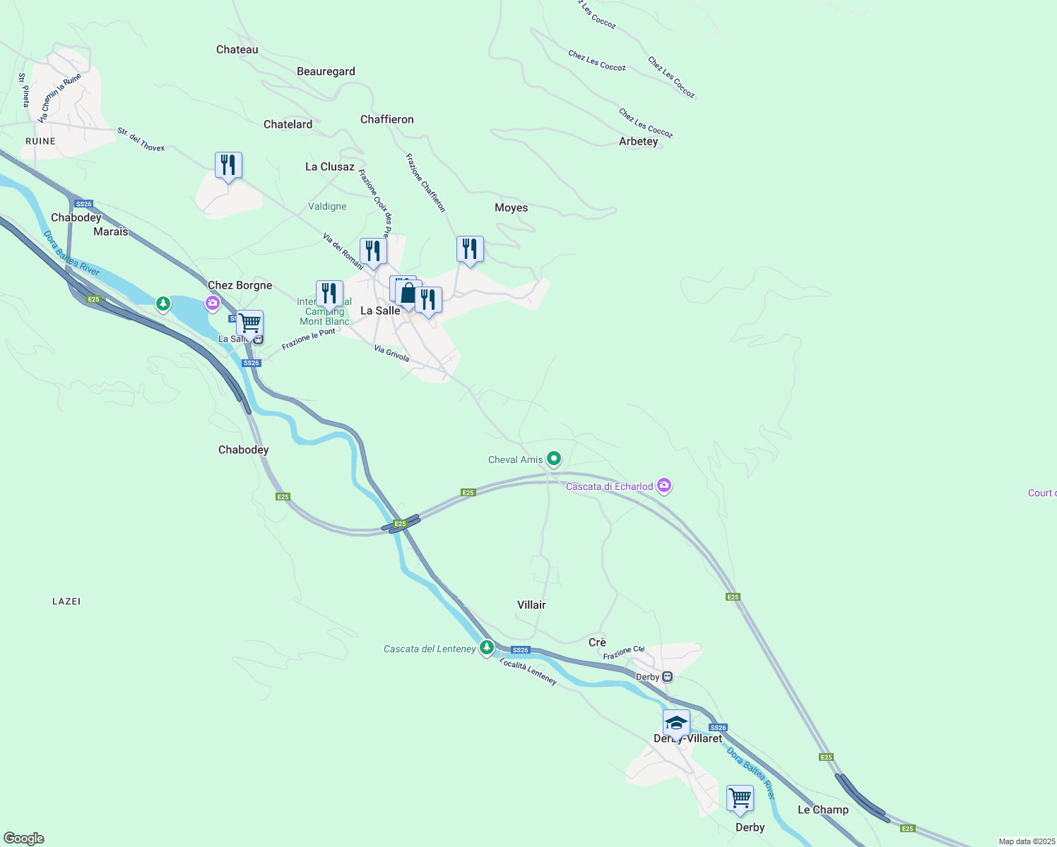 map of restaurants, bars, coffee shops, grocery stores, and more near 124 Frazione Echarlod in La Salle