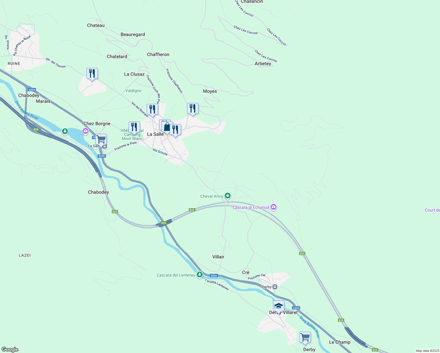 map of restaurants, bars, coffee shops, grocery stores, and more near 124 Frazione Echarlod in La Salle