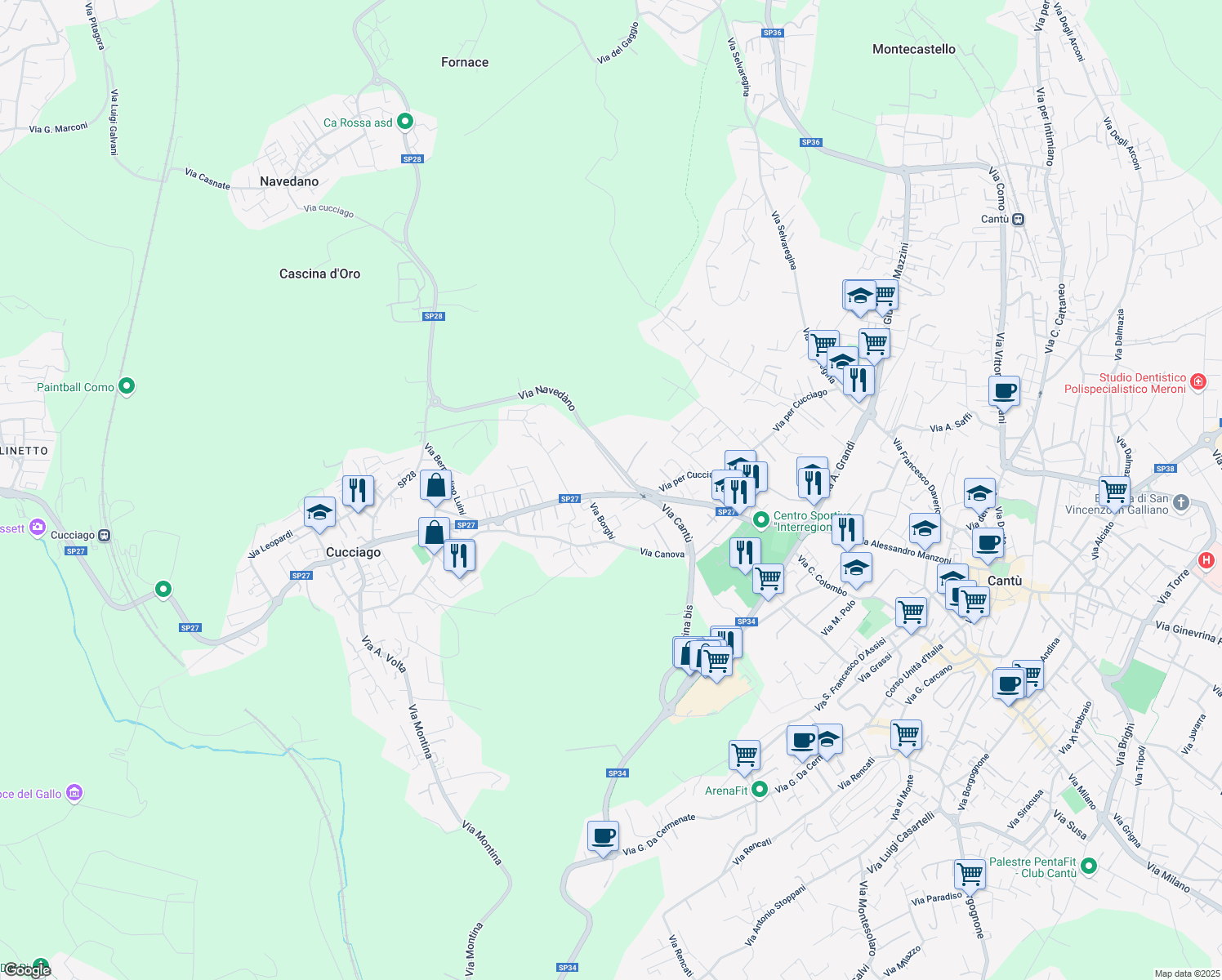 map of restaurants, bars, coffee shops, grocery stores, and more near 27 Via Cantù in Cucciago