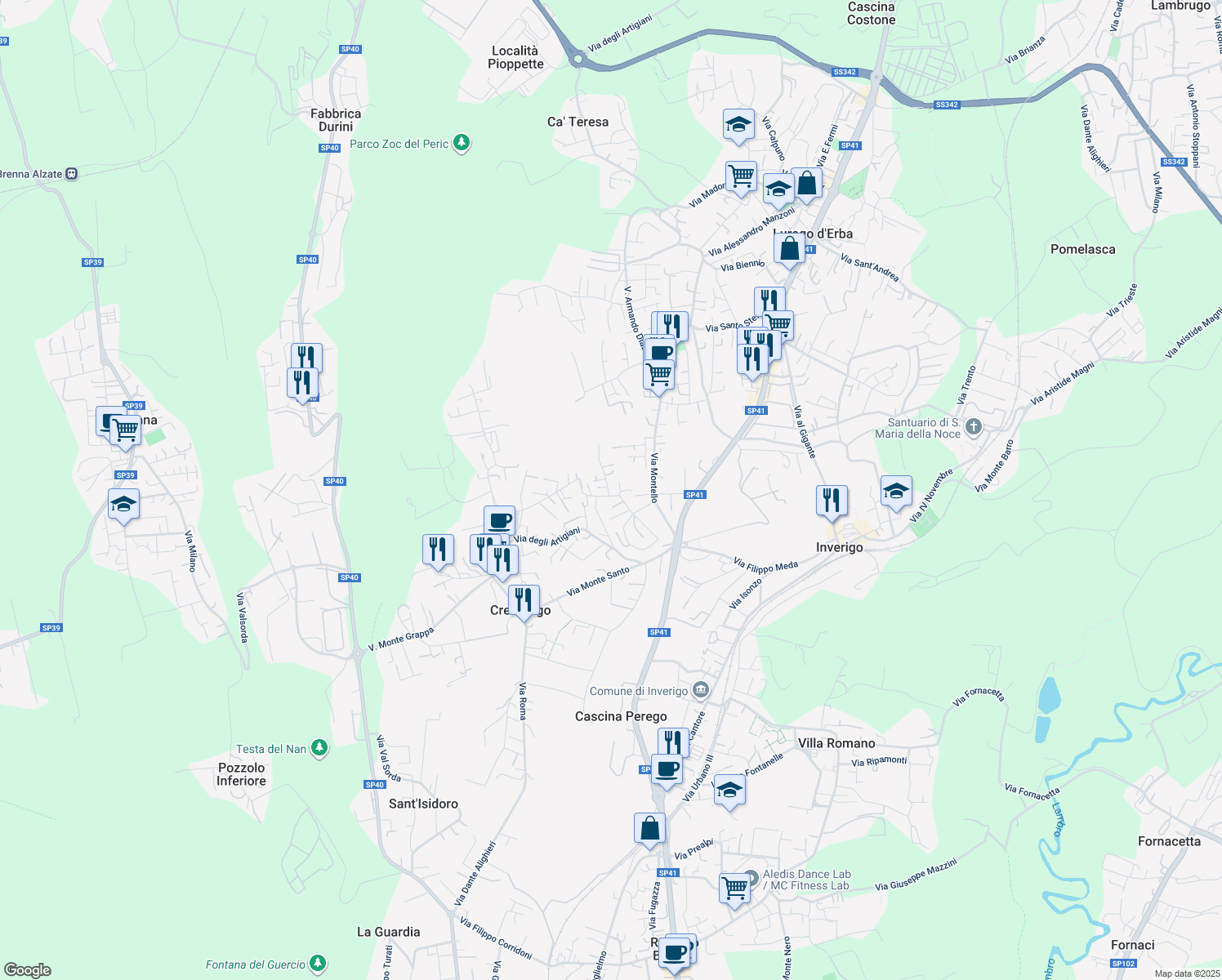 map of restaurants, bars, coffee shops, grocery stores, and more near 24 Via Fiume in Cremnago