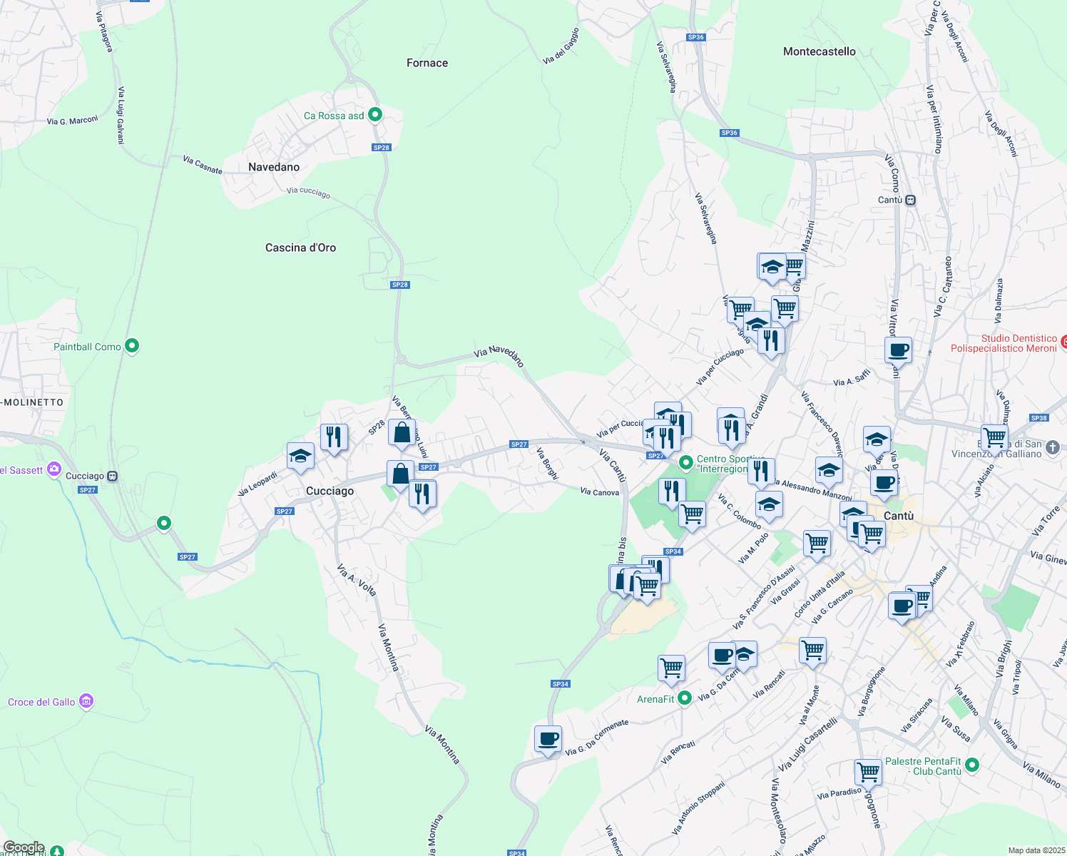 map of restaurants, bars, coffee shops, grocery stores, and more near 27 Via Cantù in Cucciago