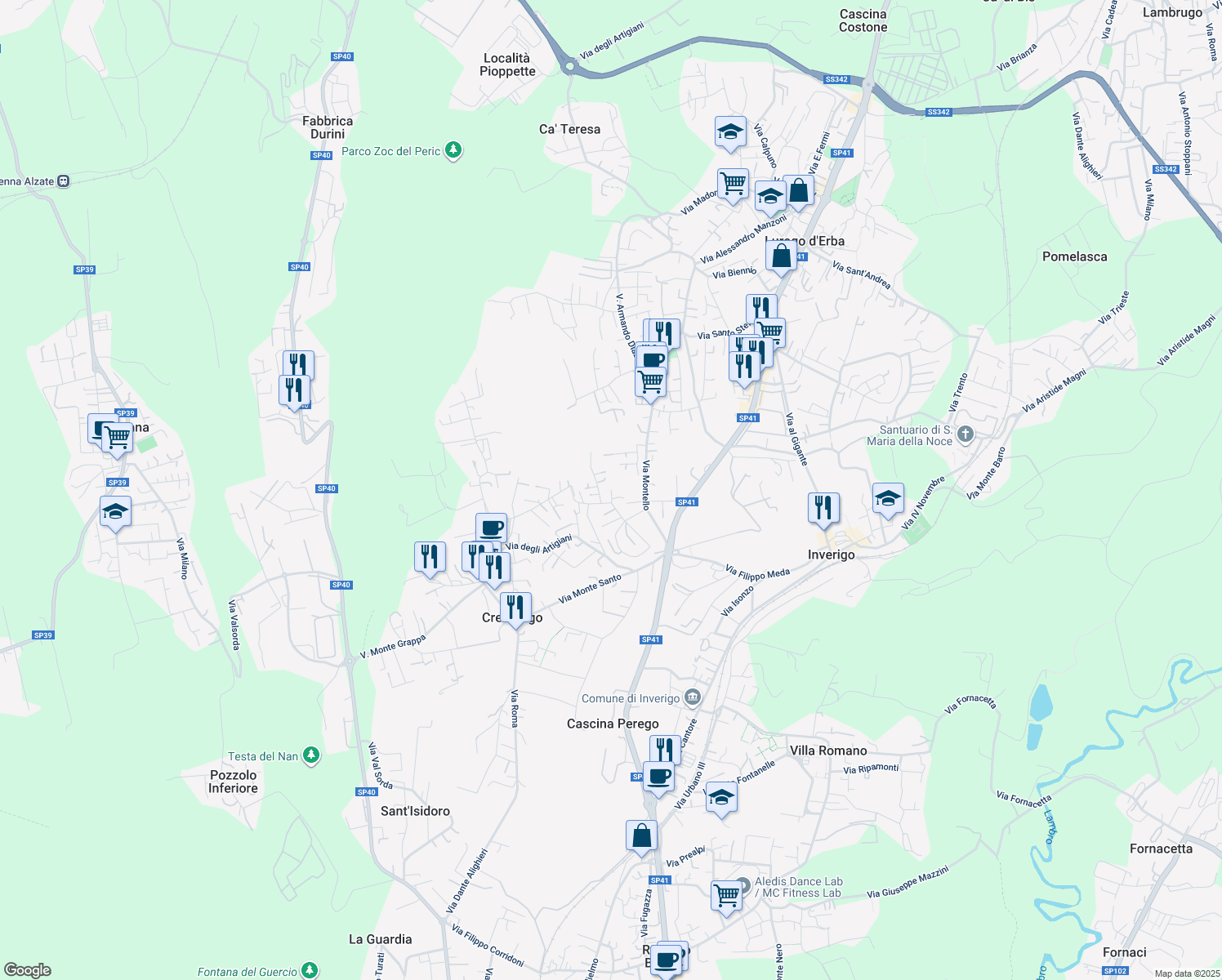 map of restaurants, bars, coffee shops, grocery stores, and more near 24 Via Fiume in Inverigo