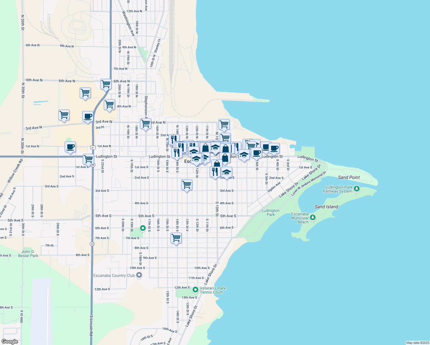map of restaurants, bars, coffee shops, grocery stores, and more near 298 S 10th St in Escanaba