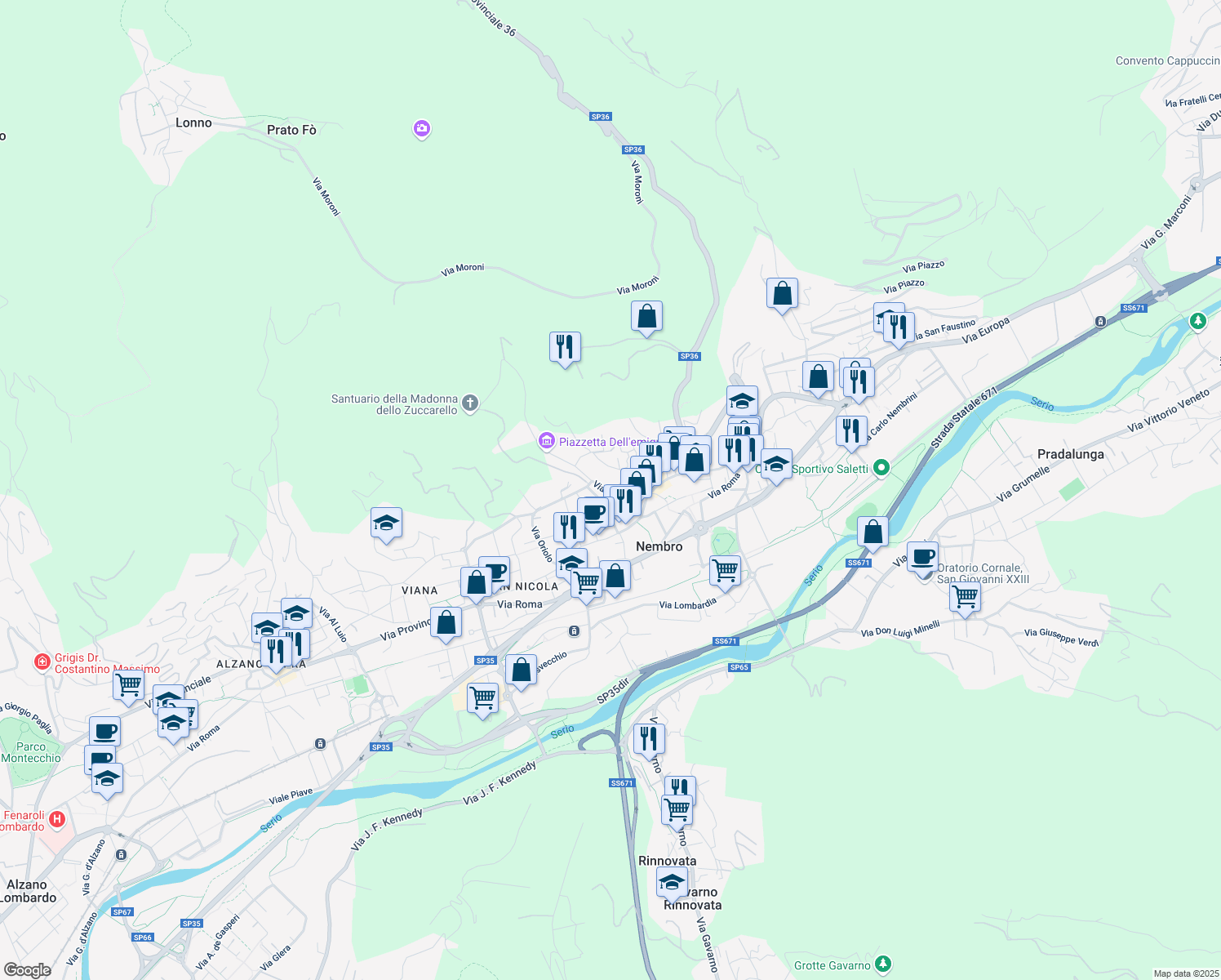 map of restaurants, bars, coffee shops, grocery stores, and more near 11 Via Sant'Jesus in Nembro