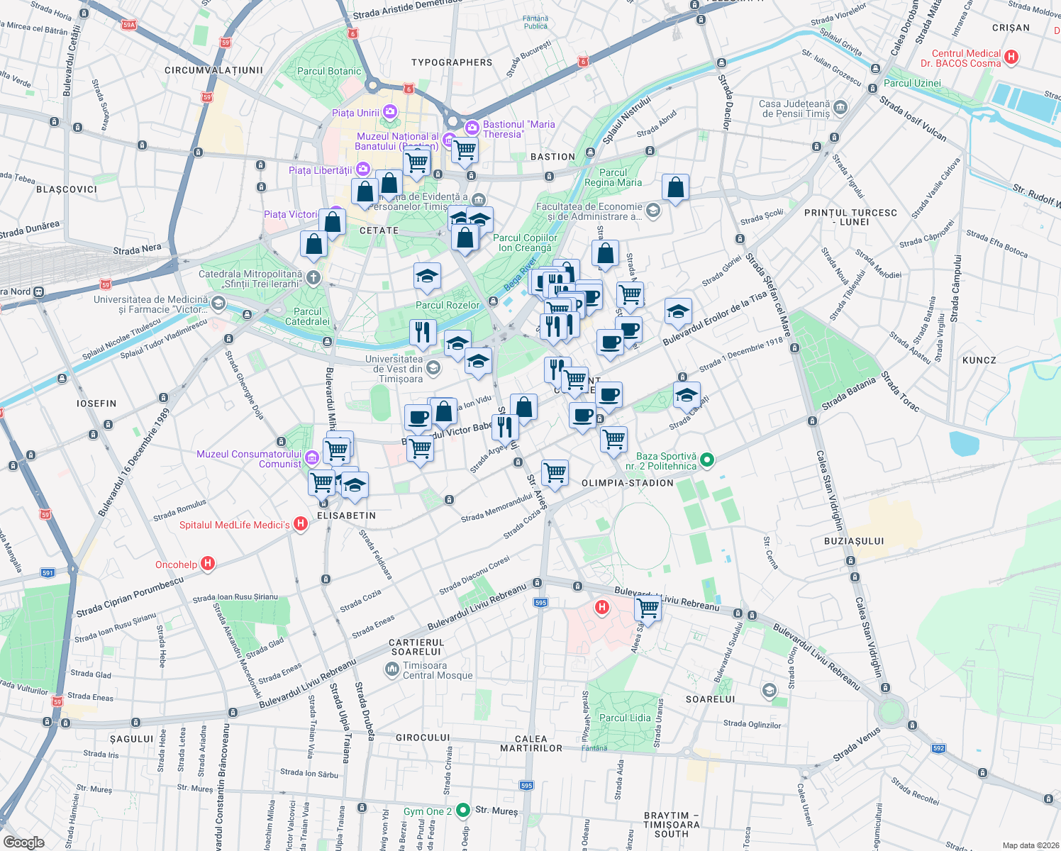 map of restaurants, bars, coffee shops, grocery stores, and more near 7 Strada Diana in Timișoara