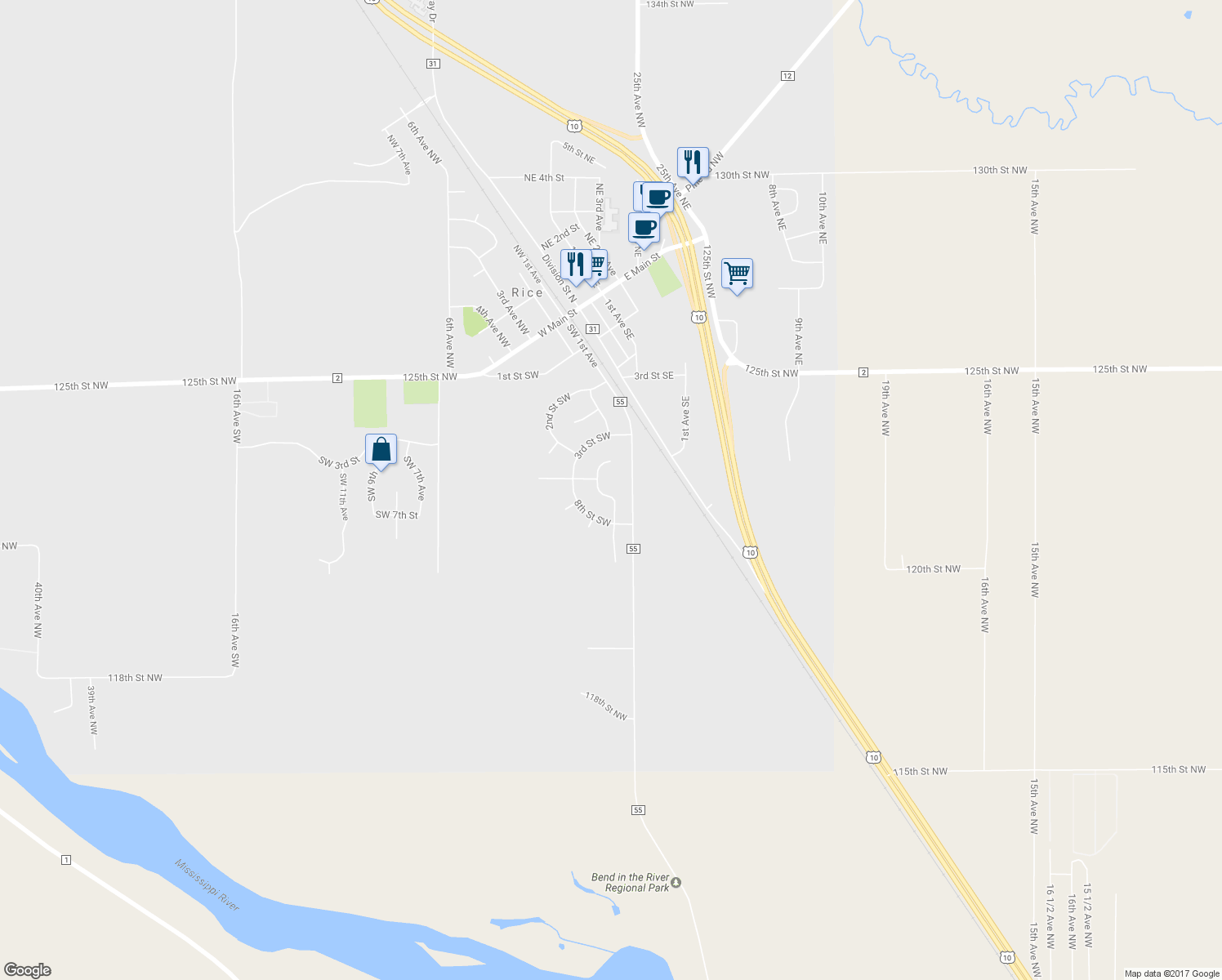 map of restaurants, bars, coffee shops, grocery stores, and more near 602 2nd Avenue Southwest in Rice