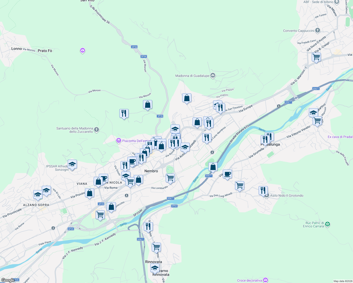 map of restaurants, bars, coffee shops, grocery stores, and more near 2 Piazza Umberto I in Nembro