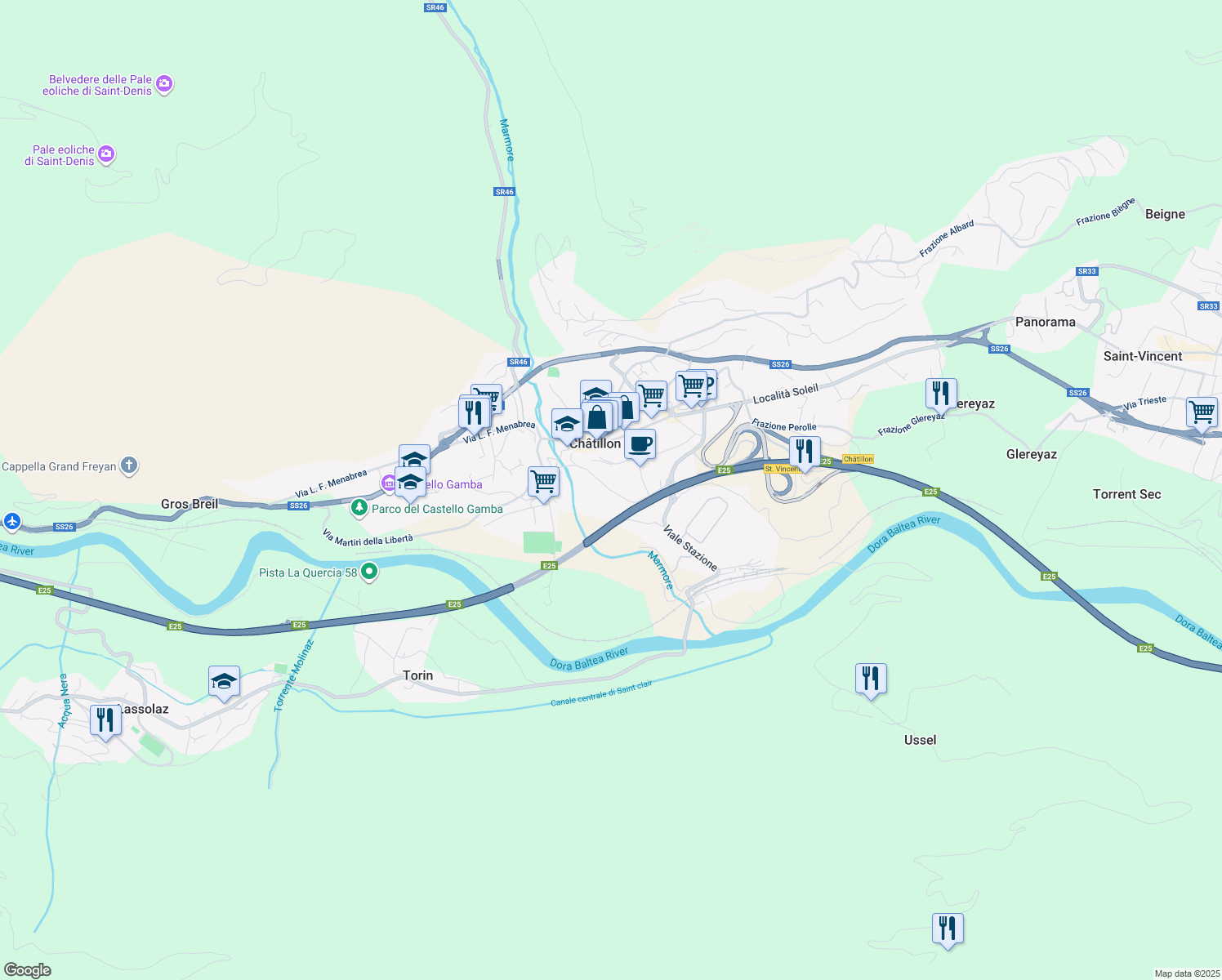 map of restaurants, bars, coffee shops, grocery stores, and more near 12 Via Don Bosco in Châtillon