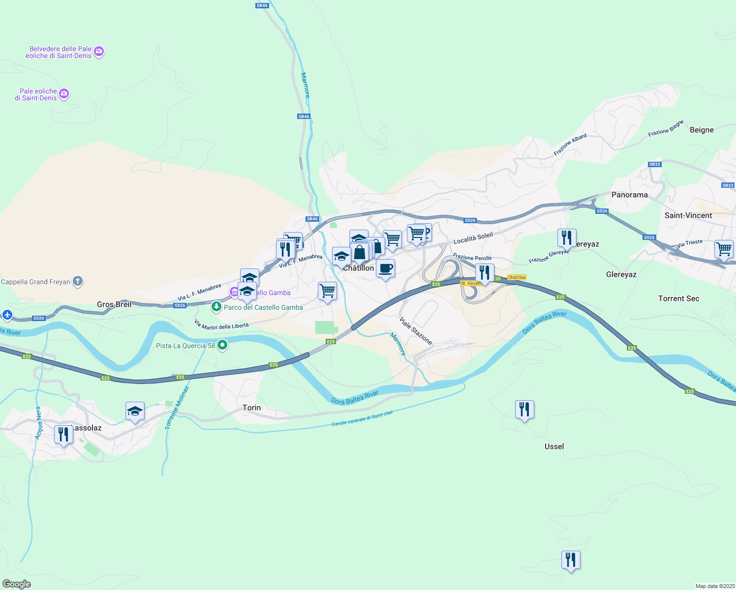 map of restaurants, bars, coffee shops, grocery stores, and more near 12 Via Don Bosco in Châtillon