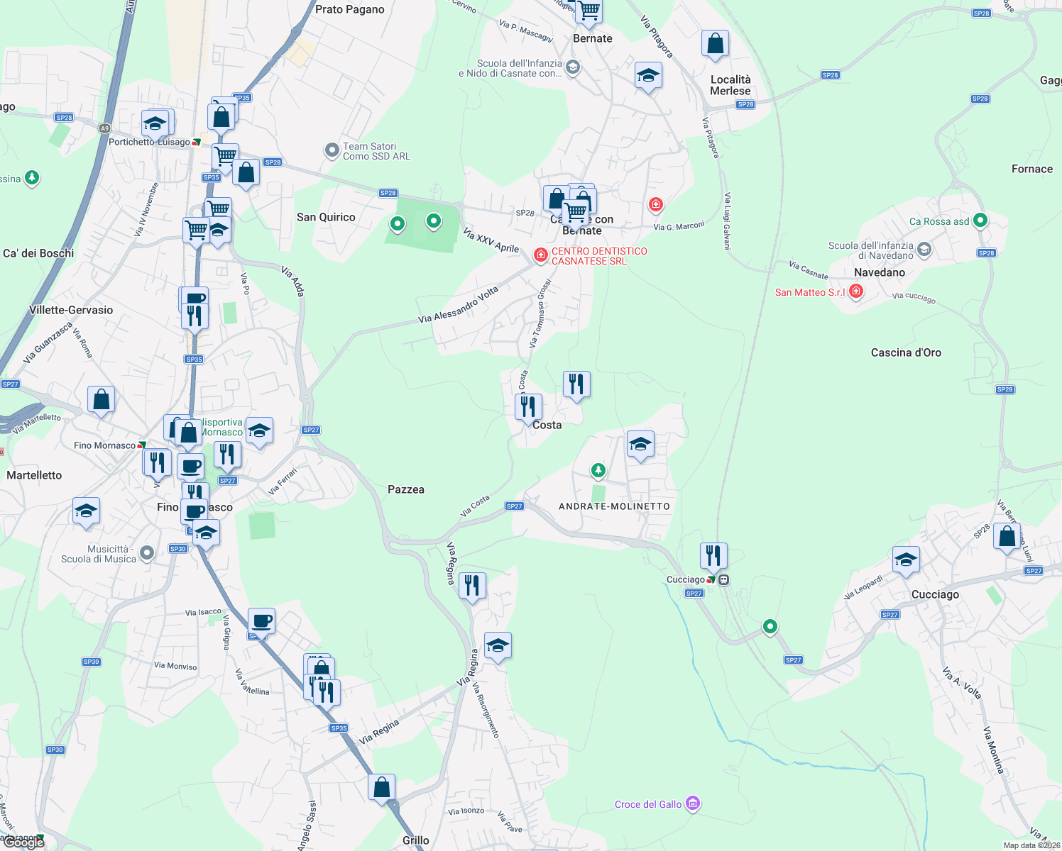 map of restaurants, bars, coffee shops, grocery stores, and more near 4 Via Costa in Costa