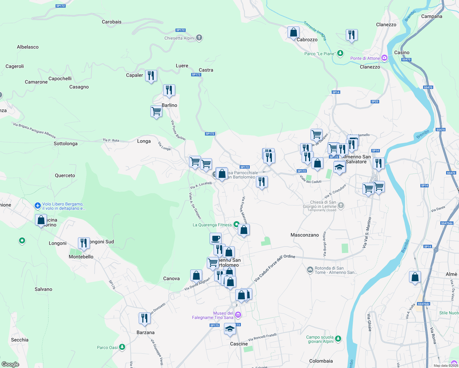 map of restaurants, bars, coffee shops, grocery stores, and more near 24 Via Bettoni in Almenno San Bartolomeo