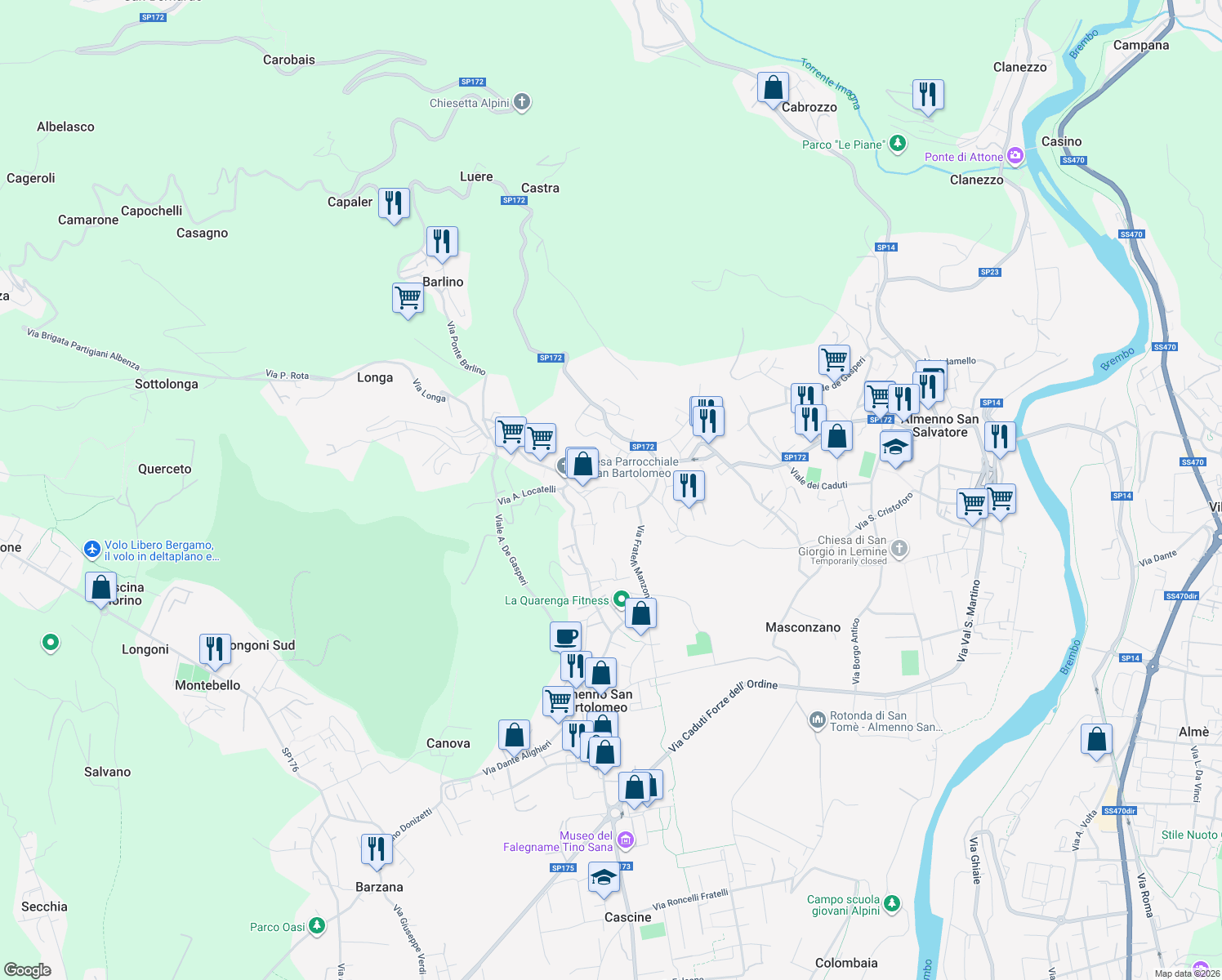 map of restaurants, bars, coffee shops, grocery stores, and more near 24 Via Bettoni in Almenno San Bartolomeo