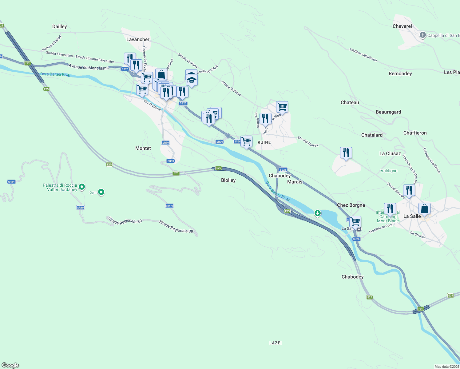 map of restaurants, bars, coffee shops, grocery stores, and more near 21 Frazione Biolley in Biolley