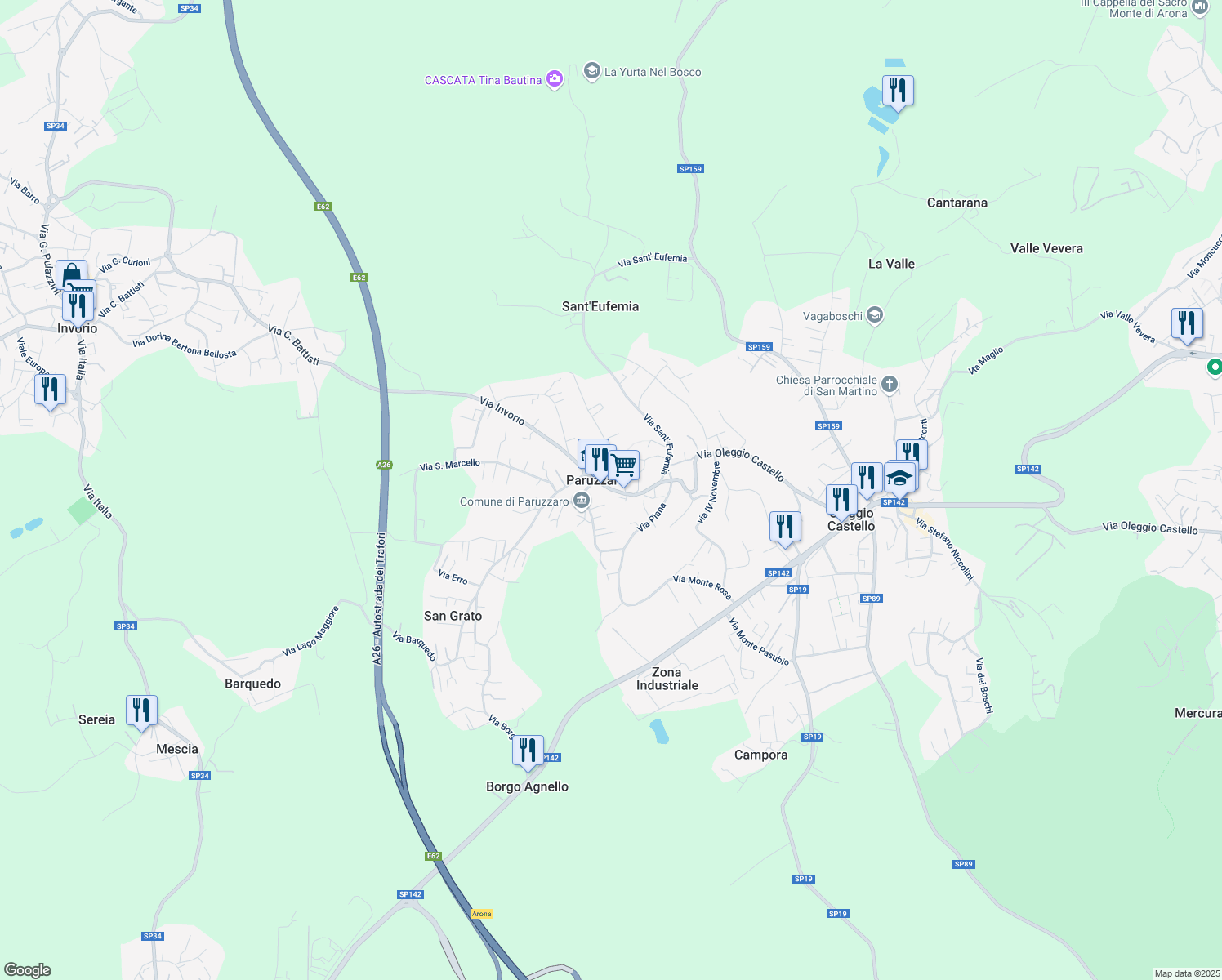 map of restaurants, bars, coffee shops, grocery stores, and more near 12 Via Guglielmo Marconi in Paruzzaro