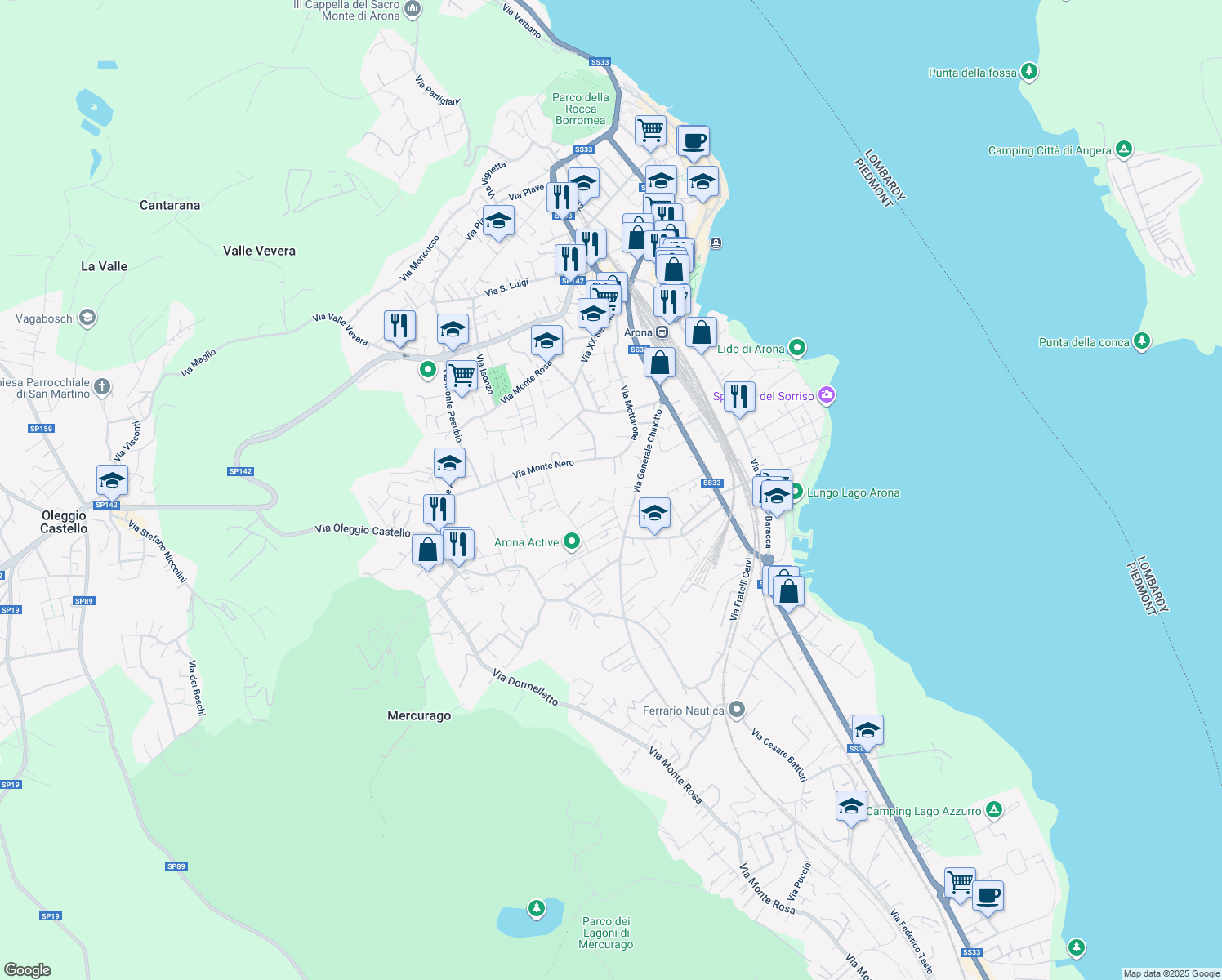 map of restaurants, bars, coffee shops, grocery stores, and more near 20 Via Generale A. Diaz in Arona