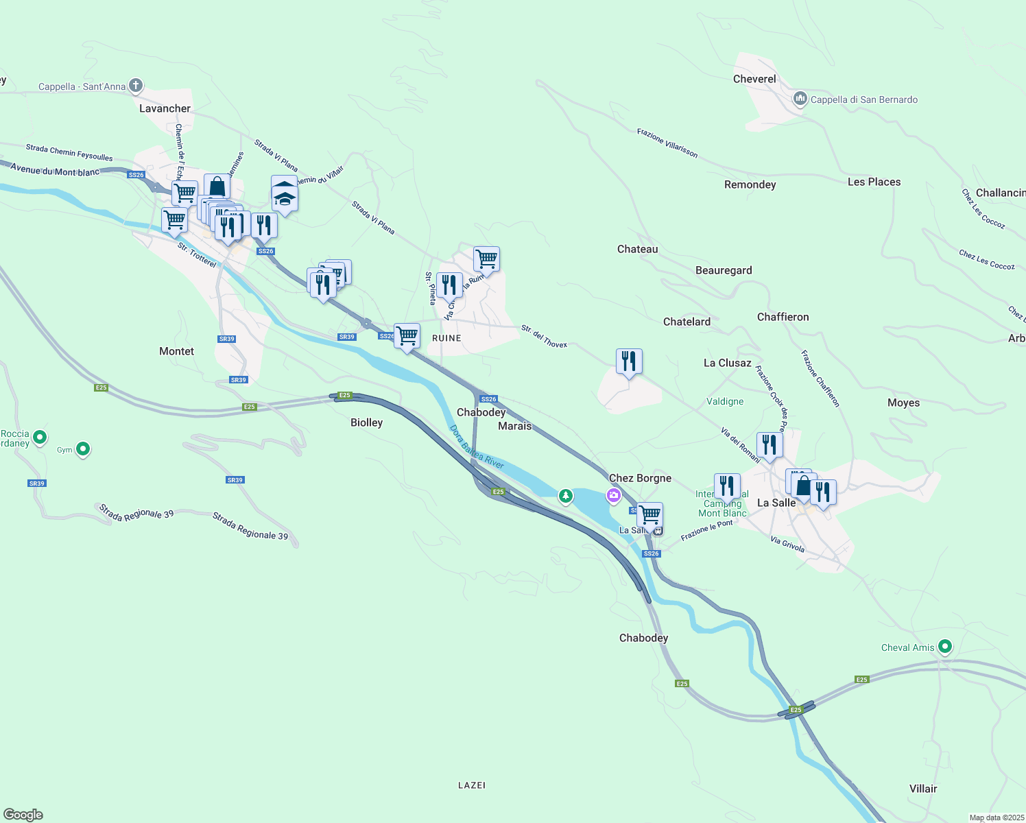 map of restaurants, bars, coffee shops, grocery stores, and more near 14 Via Du Mont Blanc in Marais