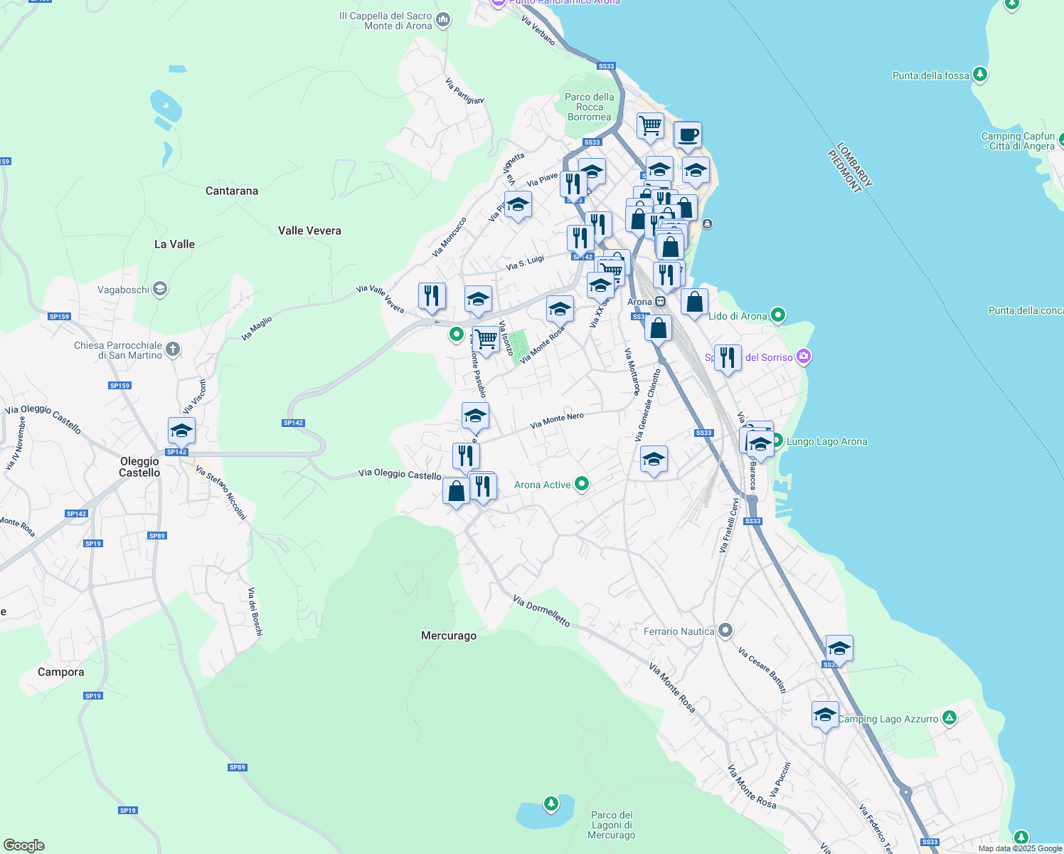 map of restaurants, bars, coffee shops, grocery stores, and more near 37 Via Monte Nero in Arona