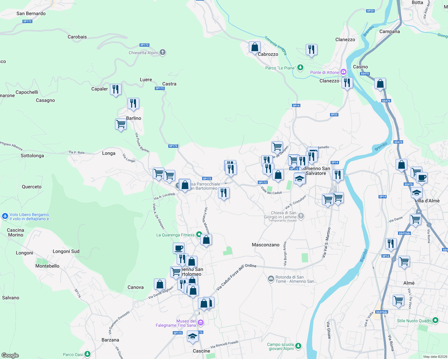 map of restaurants, bars, coffee shops, grocery stores, and more near 26 Piazza San Salvatore in Almenno San Salvatore